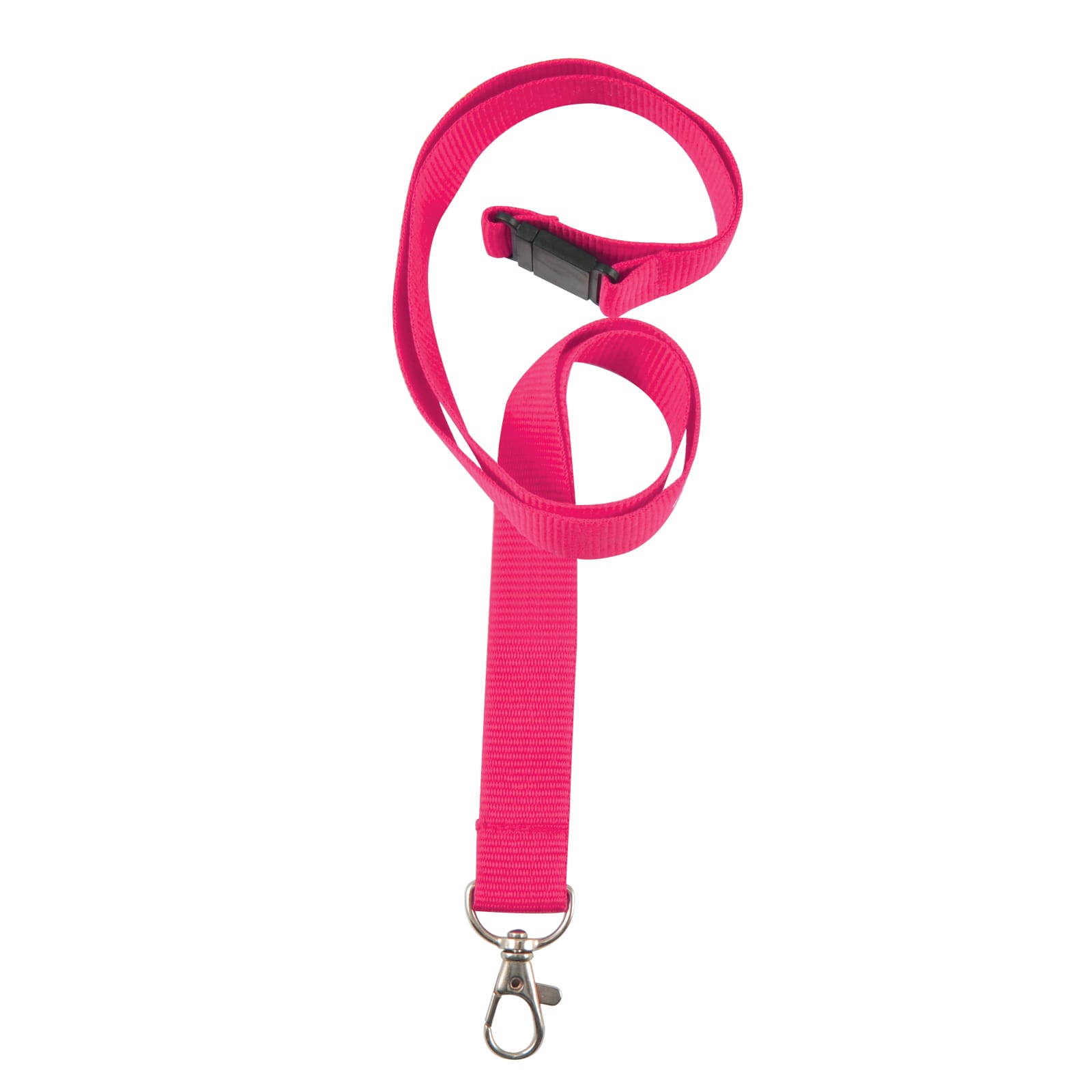 A pink woven lanyard with a clip at one end and a plastic buckle.