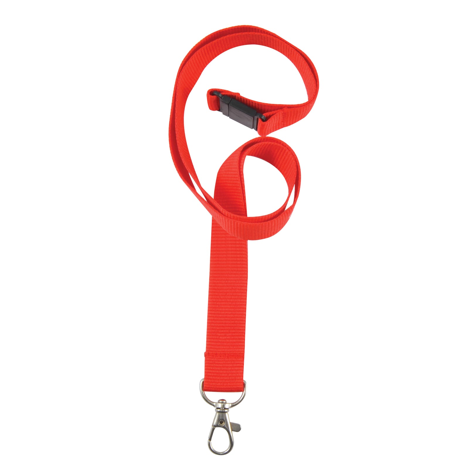 A red woven lanyard with a clip at the end and a plastic buckle for securing items.