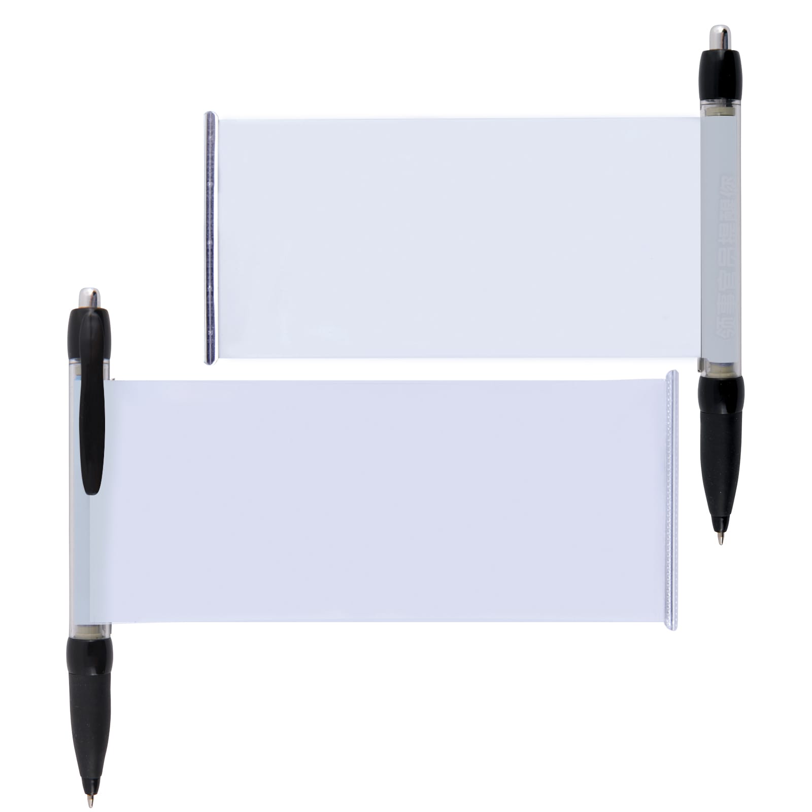 A plastic pen in black with a clear banner area for customization, featuring a simple design with a clip.