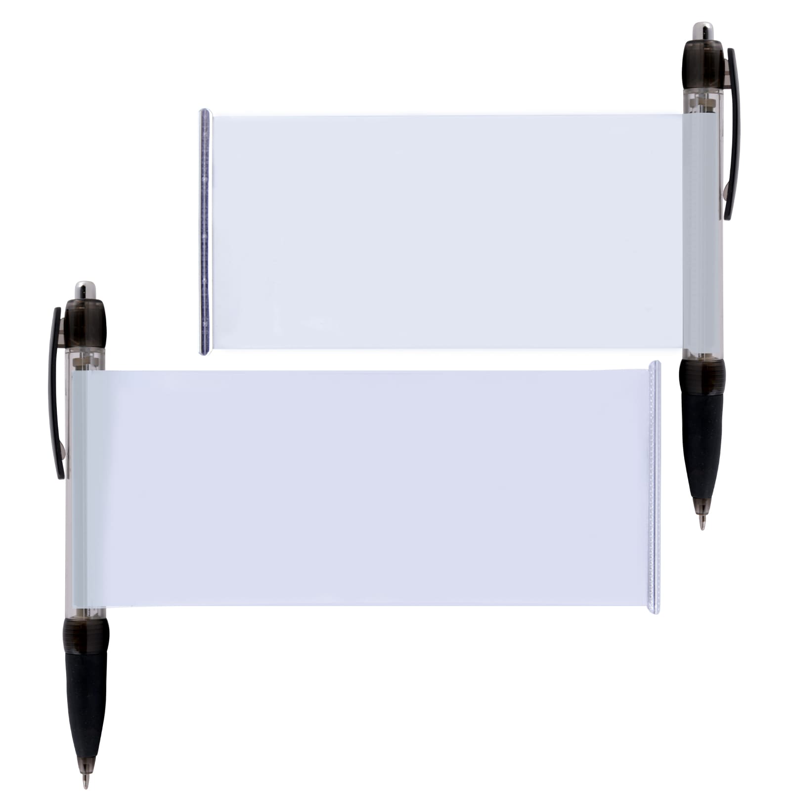 A plastic pen displaying a clear banner section, with a black grip and silver clip.
