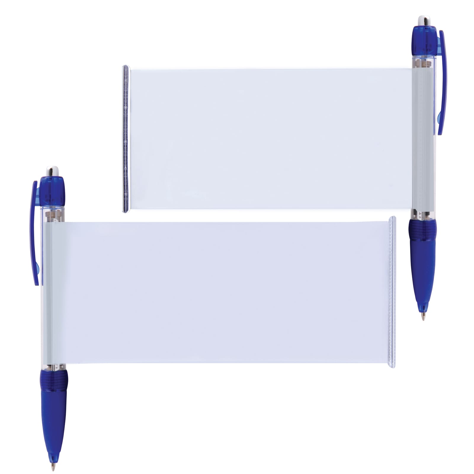 A blue plastic pen with a clear banner for personalization, featuring a back clip for easy attachment.