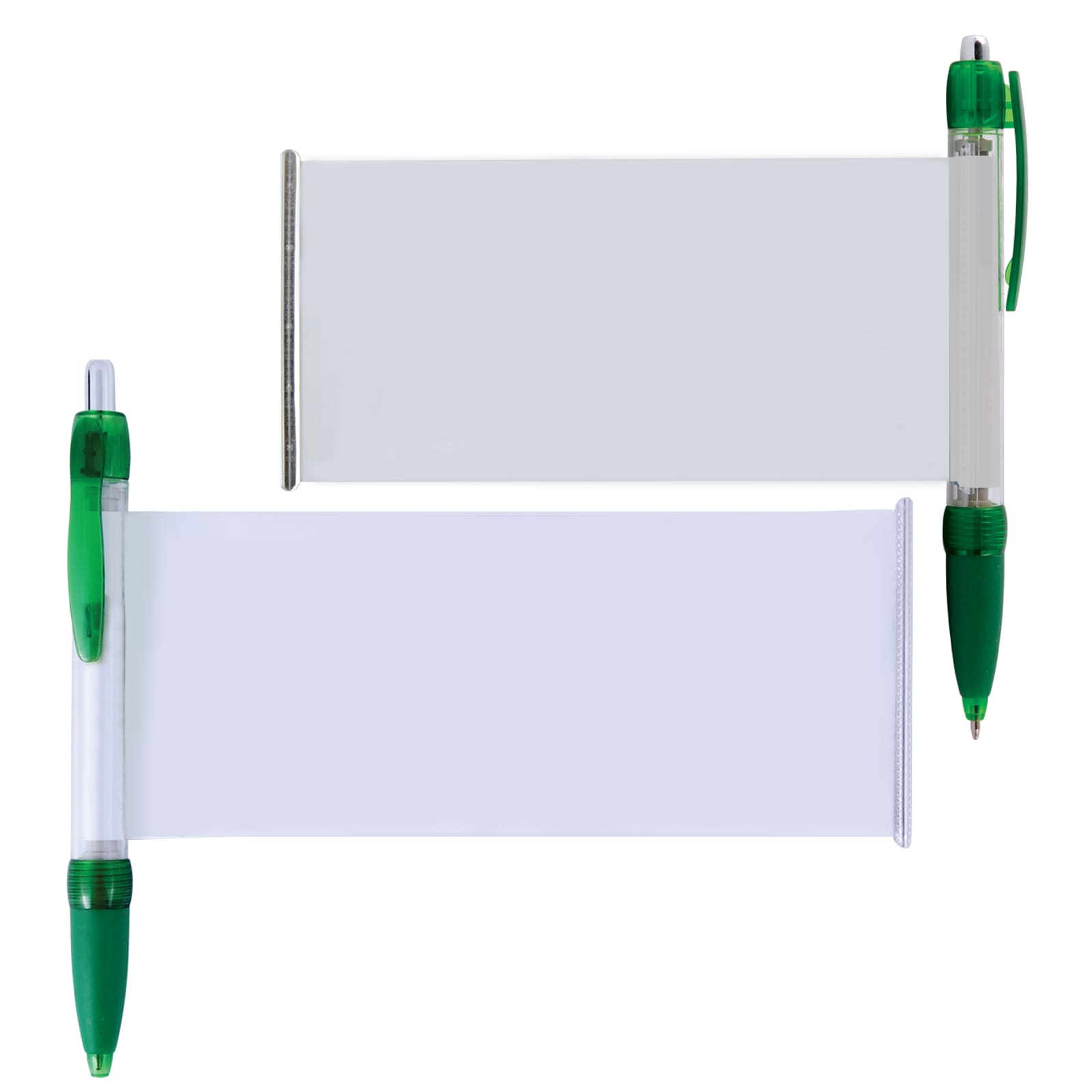 A green plastic pen with a banner feature, accompanied by a similar pen in a different position.
