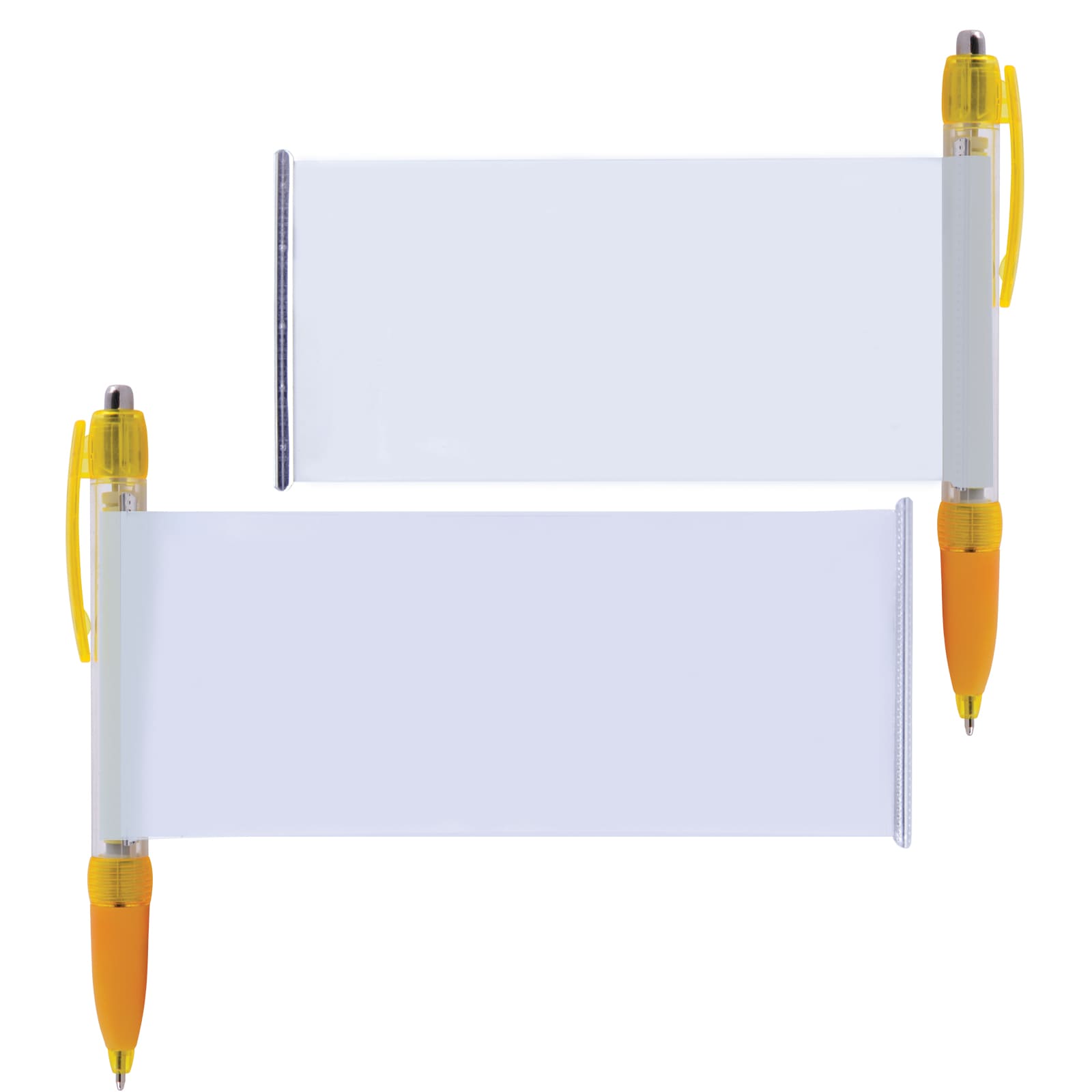 A plastic pen with a transparent banner feature, featuring a yellow grip and trim, and a white background.