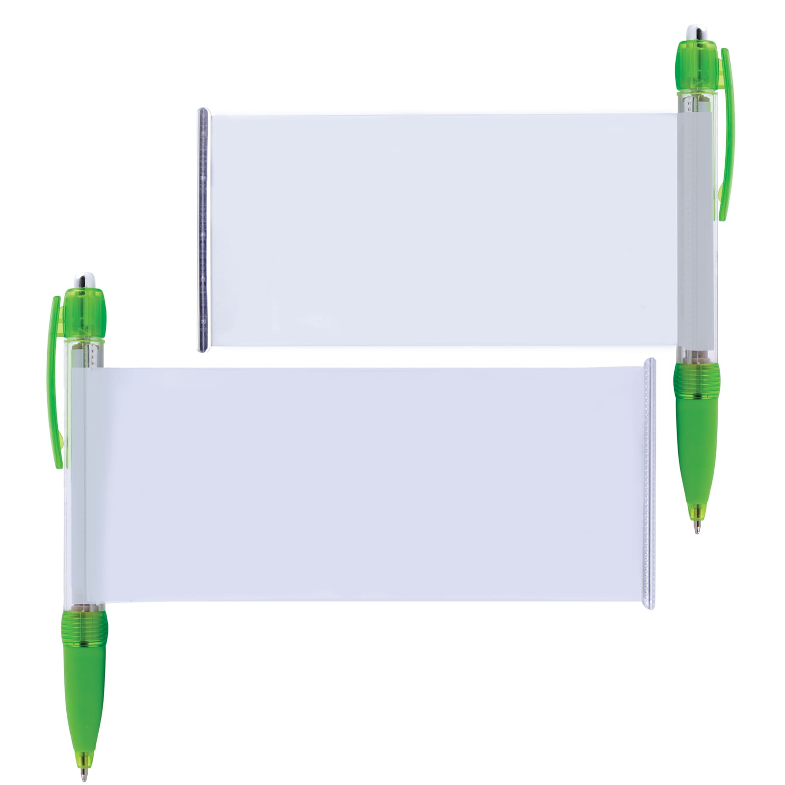 A plastic pen with a green grip and a double-sided banner display for custom designs.