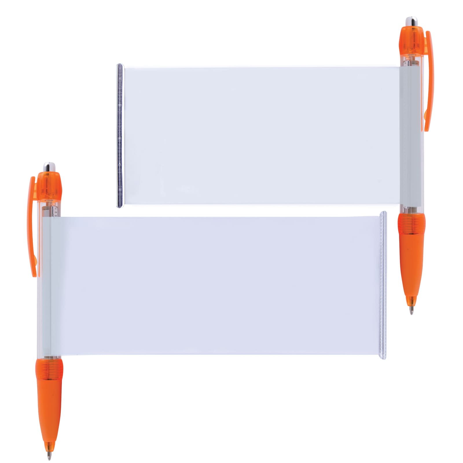 A set of two plastic pens featuring a clear banner area and orange accents. Each pen has a logo.