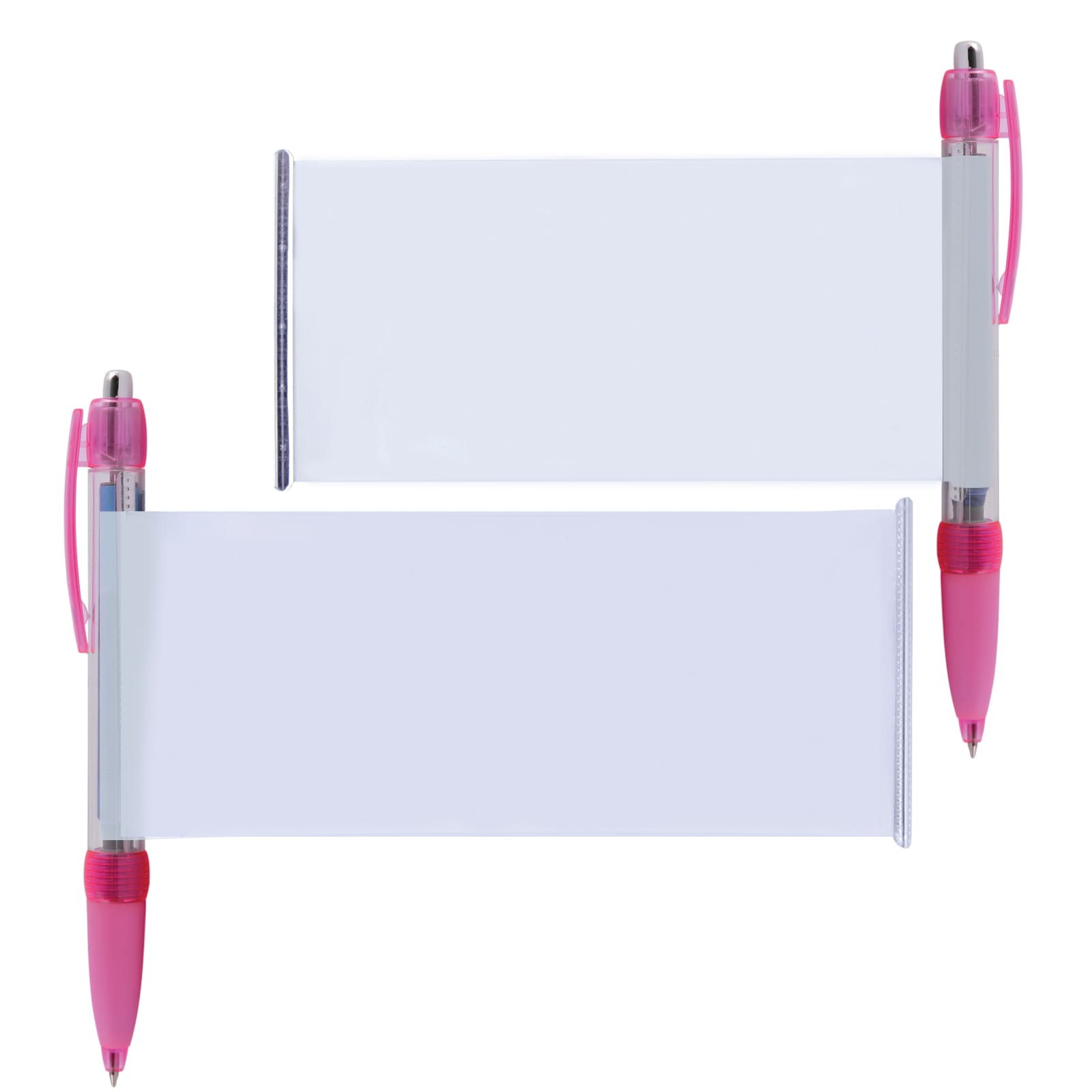 A set of Banner Pens featuring a clear plastic banner section for customizable messaging, with a pink grip and clip.
