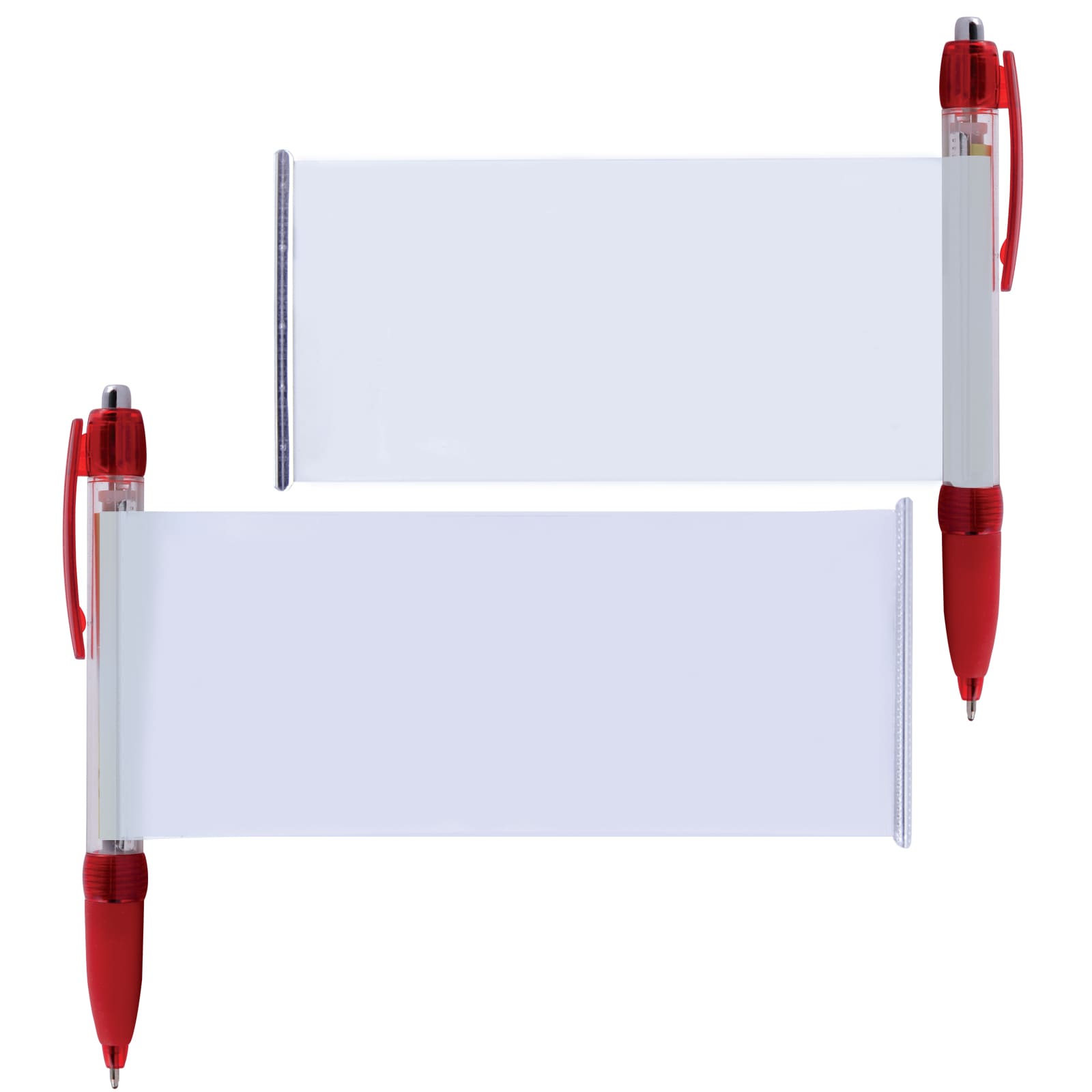 A set of two Banner Pens featuring a transparent barrel and red accents, each with a customizable white banner.