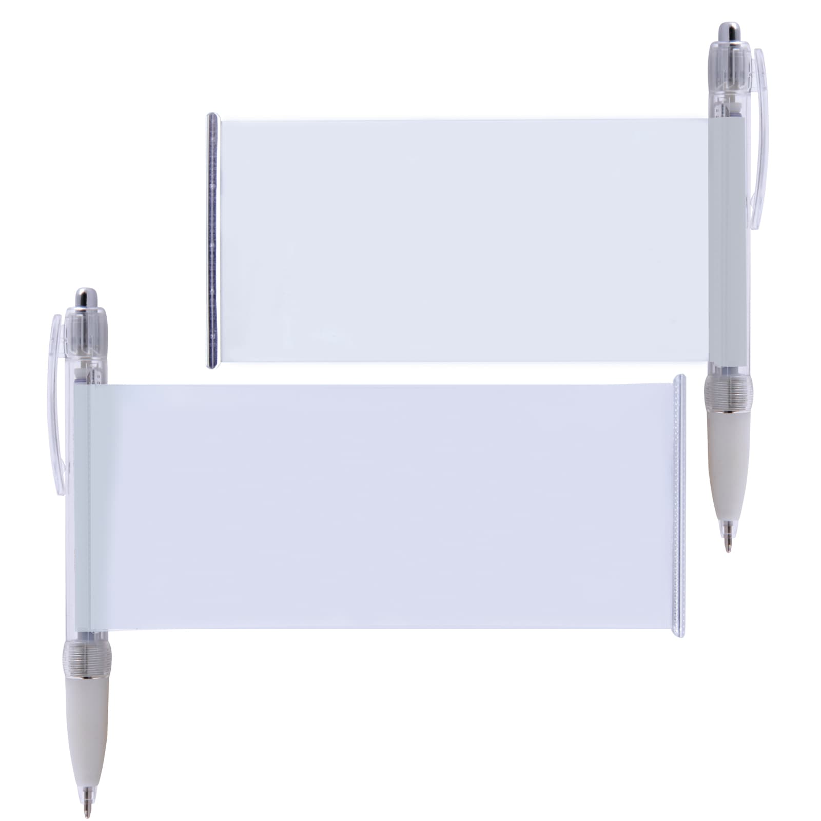 A plastic pen with a clear banner area for customization, featuring a white body and transparent grip.