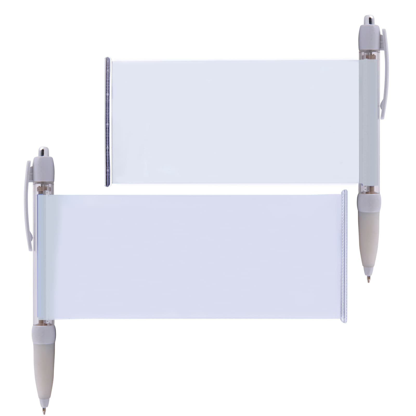 A plastic pen featuring a banner section in clear plastic with a white grip and tip. It has branding on the pen.