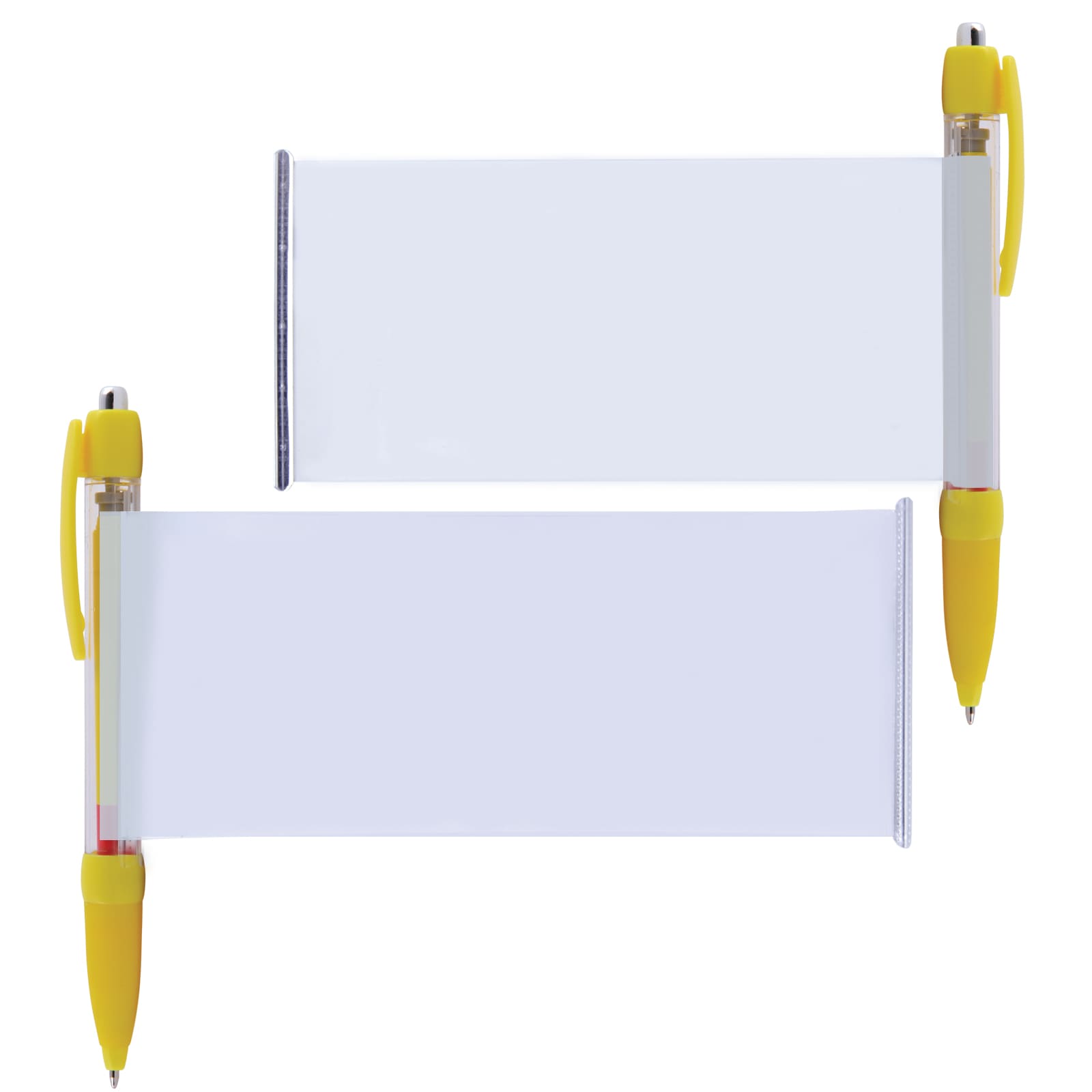 A set of plastic pens with a yellow grip and clear banner area for customization.