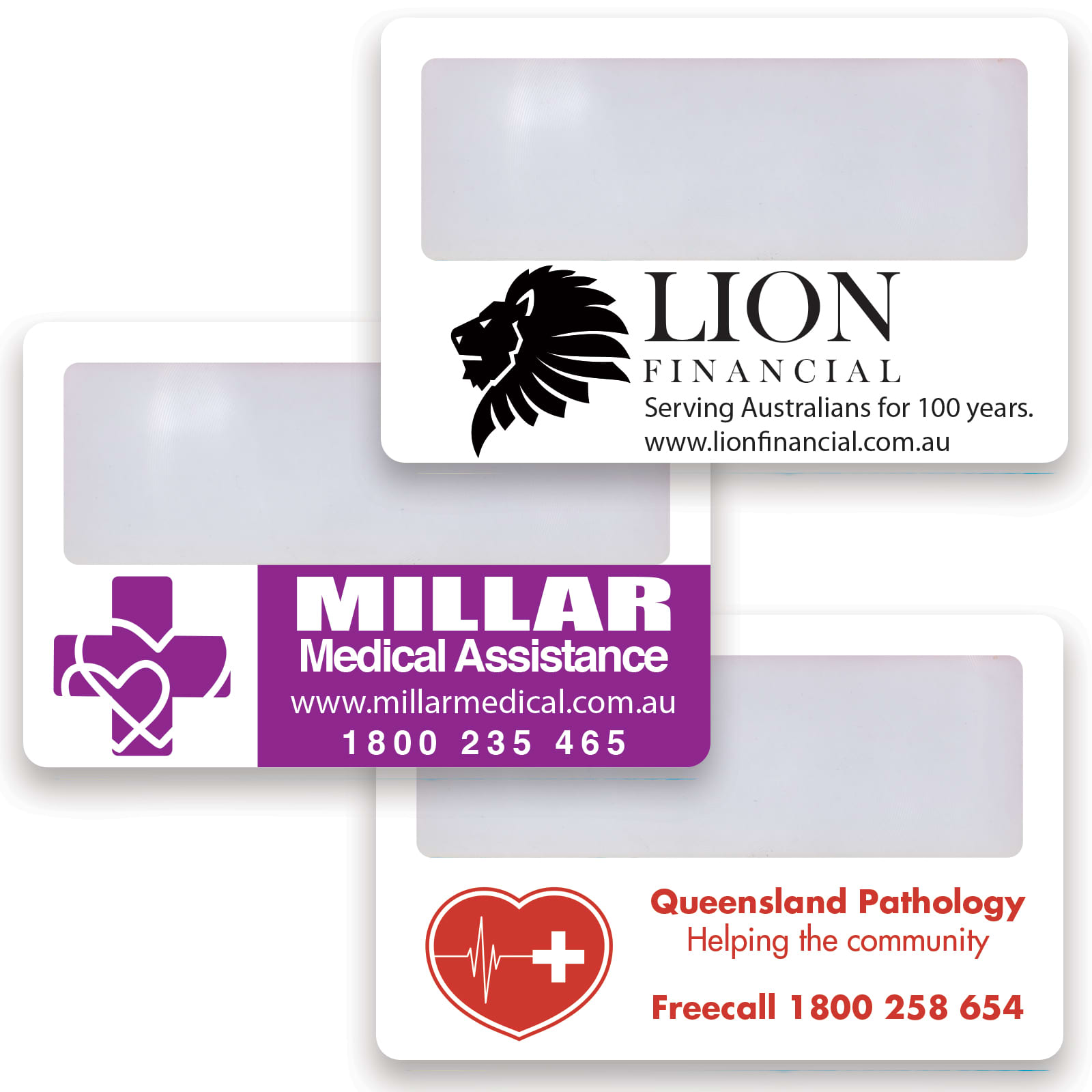 A collection of credit card-sized magnifiers in white, featuring various logos and branding in purple and black.