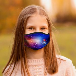A Deluxe Children's Face Mask featuring a colorful design with vibrant patterns.