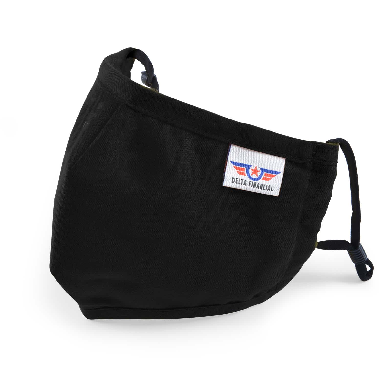 A Deluxe Children's Face Mask in black featuring a logo patch from Delta Financial.