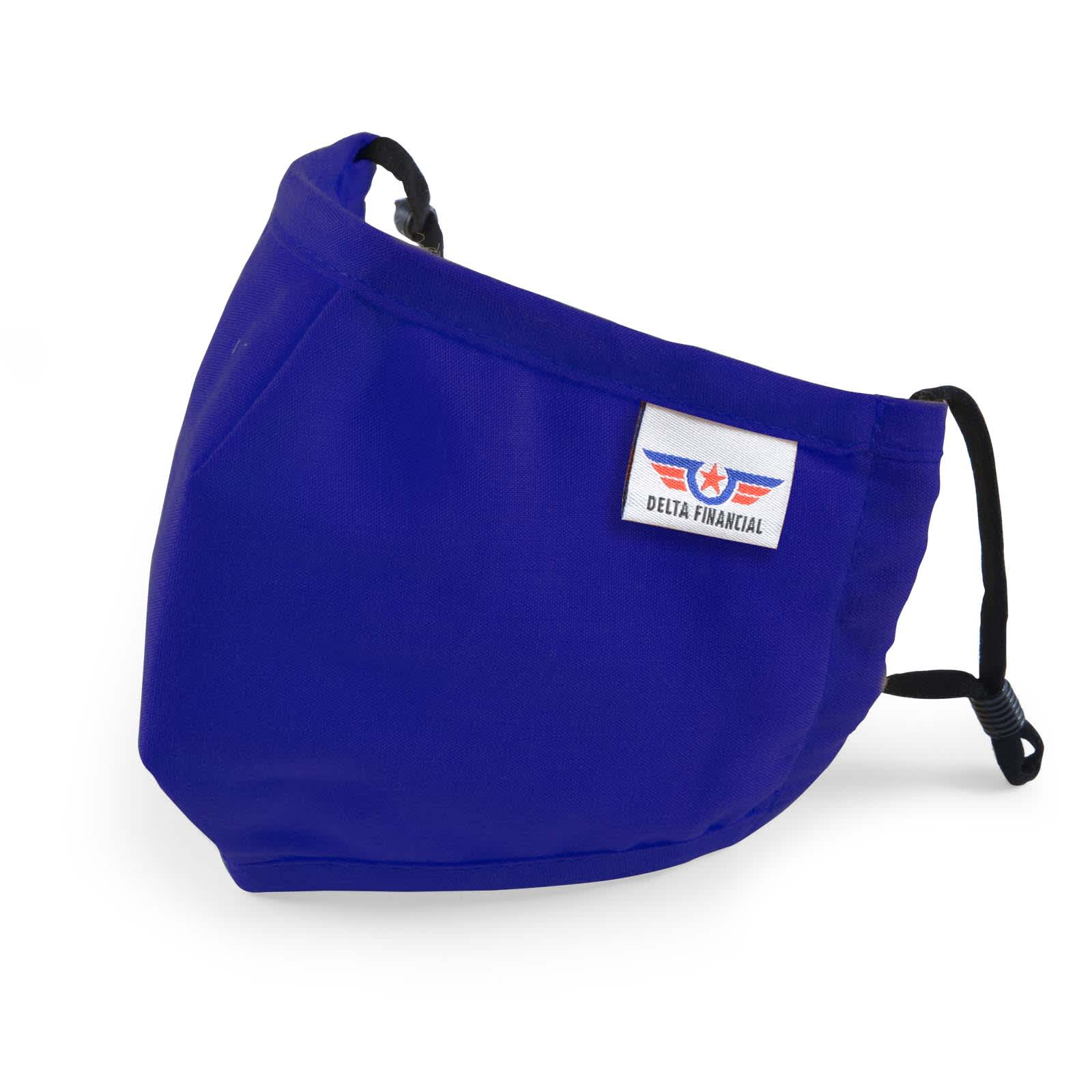 A deluxe children's face mask in a vibrant blue color with an adjustable ear strap and a logo patch sewn on the front.