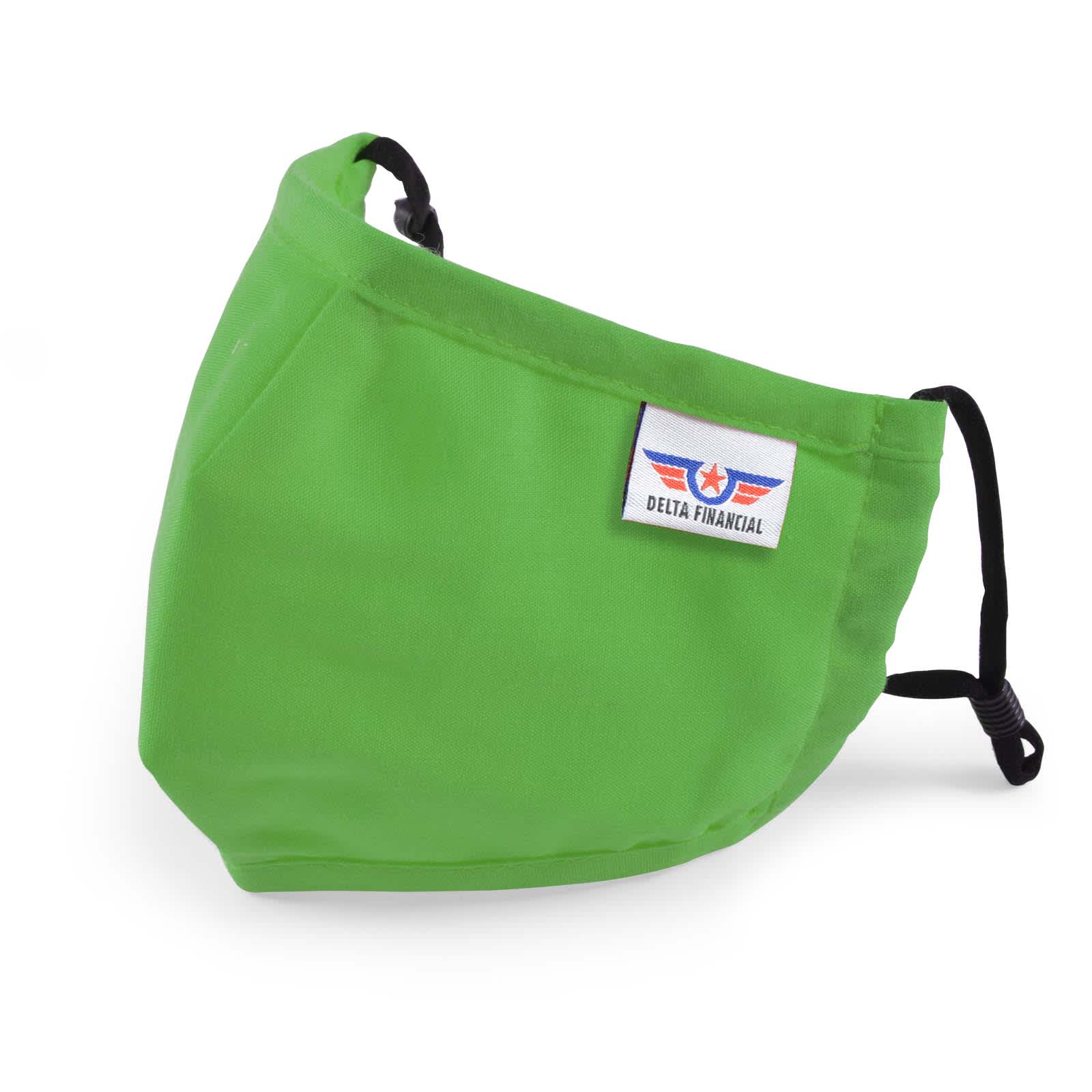 A Deluxe Children's Face Mask in bright green with adjustable ear straps and a logo label.