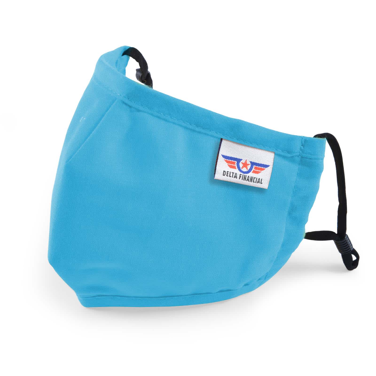 A Deluxe Children's Face Mask in a bright blue color with an adjustable earloop and a logo patch on the side.