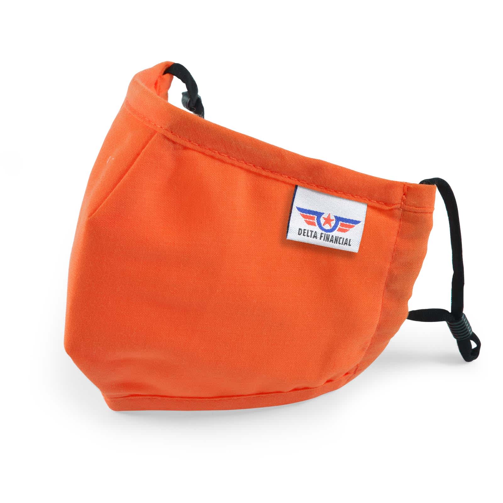 A Deluxe Children's Face Mask in bright orange with an adjustable strap and a logo patch.