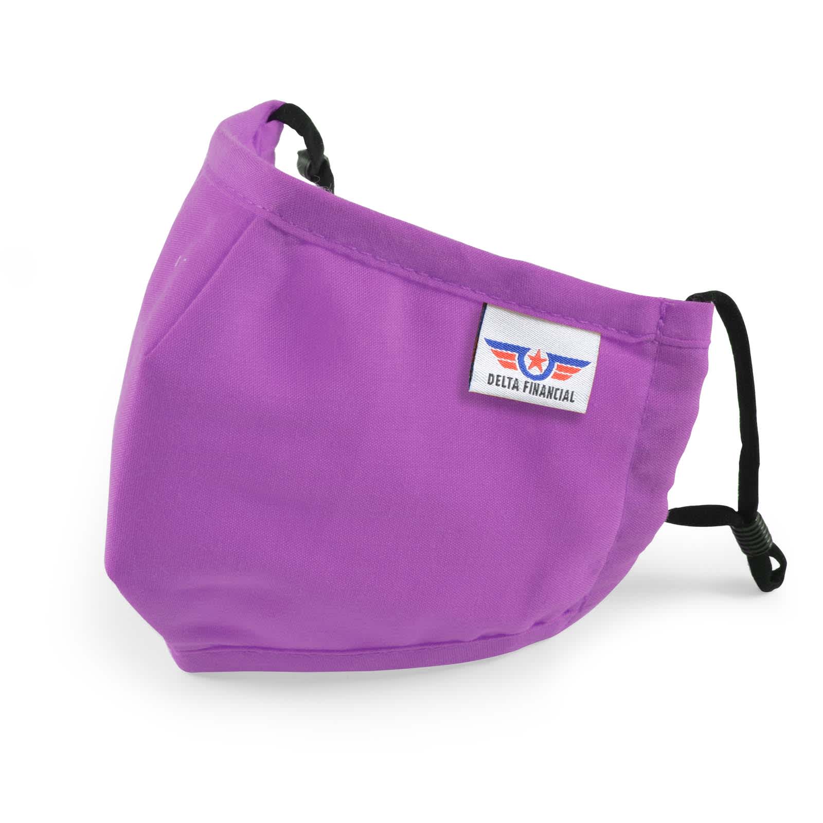 A purple Deluxe Children's Face Mask with adjustable ear straps and a logo patch.