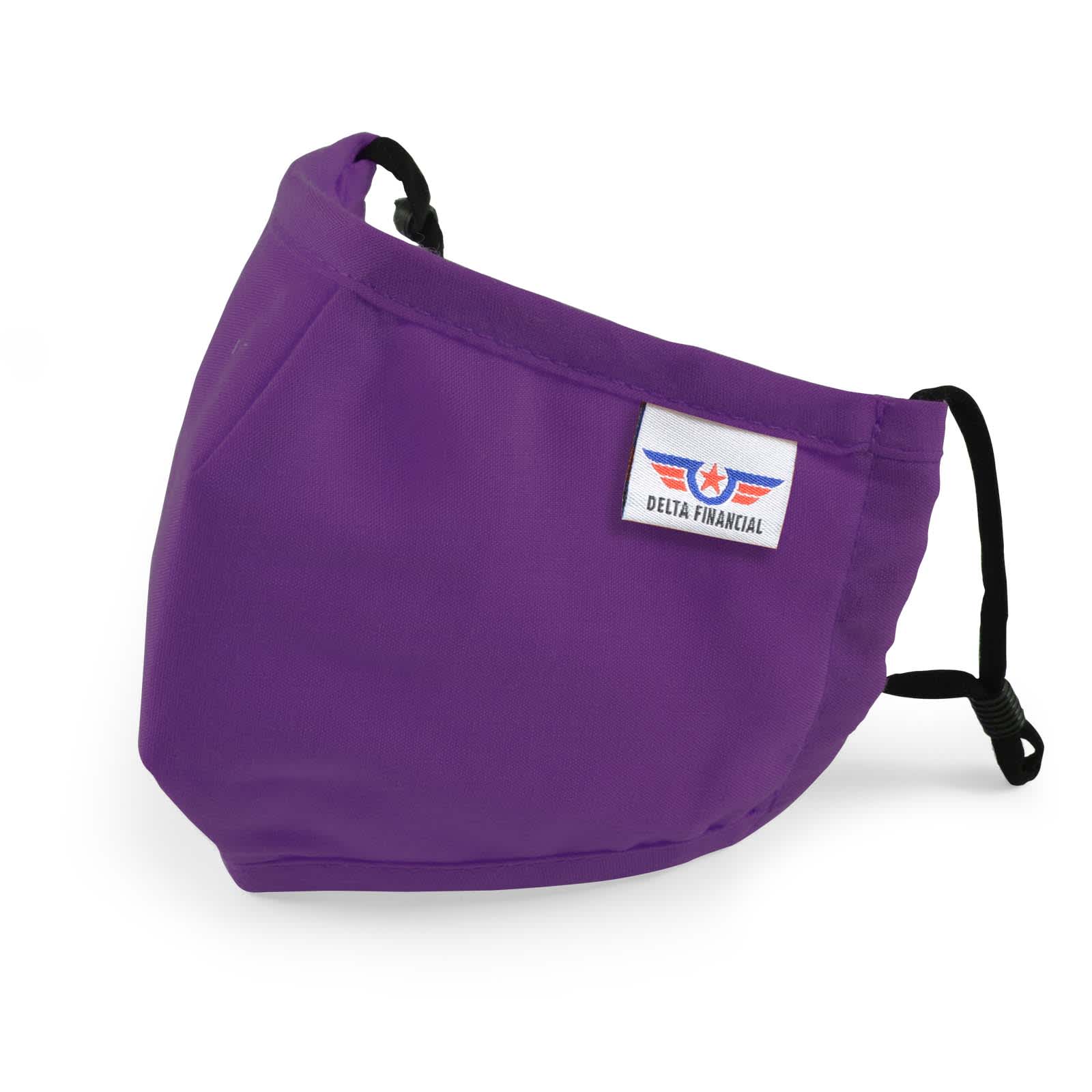 A Deluxe Children's Face Mask in purple with an adjustable ear strap and a branded logo patch.