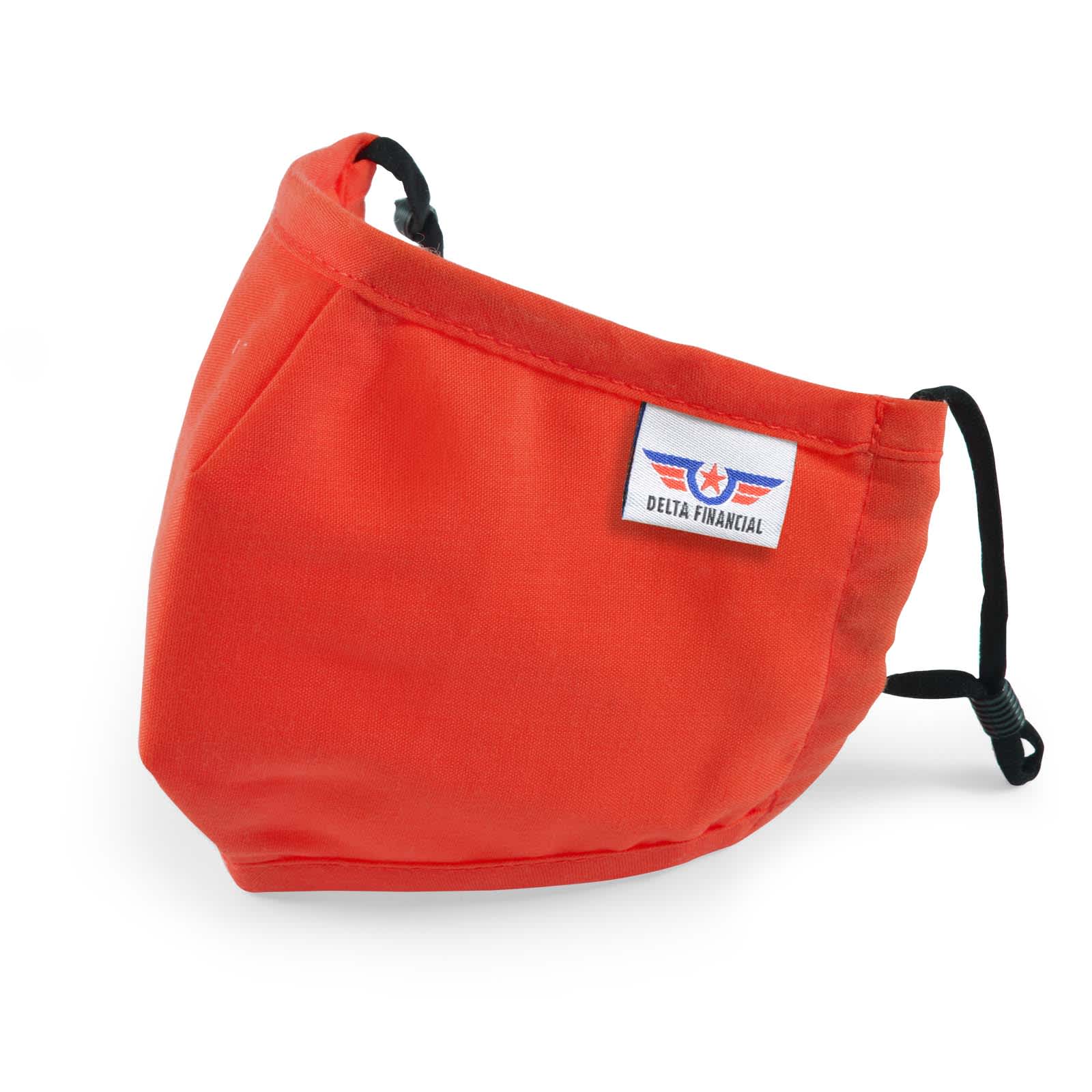 A Deluxe Children's Face Mask in vibrant orange with adjustable ear straps and a logo tag.