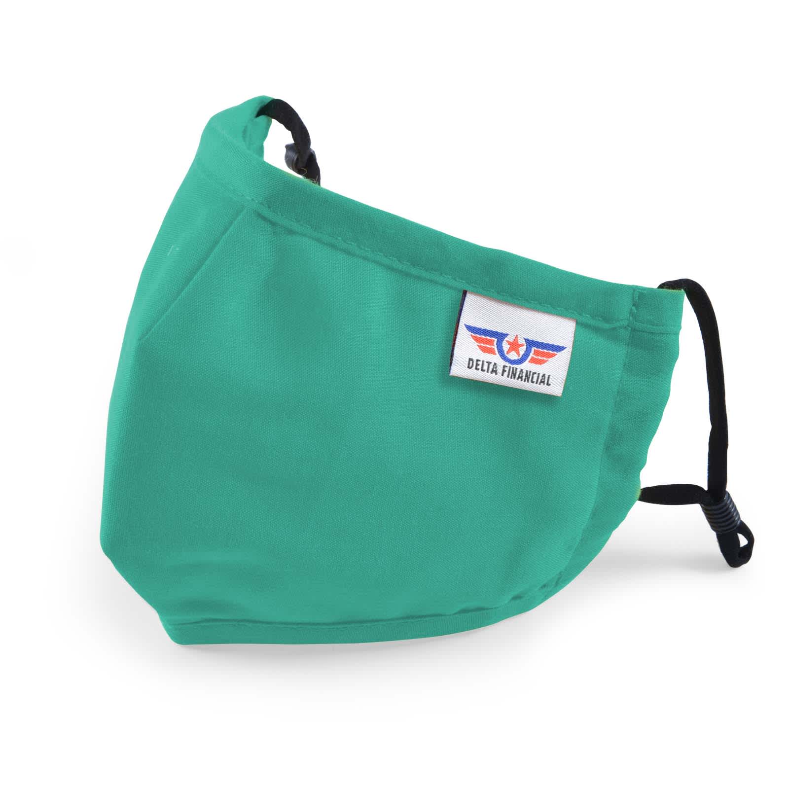 A green children's face mask with adjustable ear straps and a logo on the side.