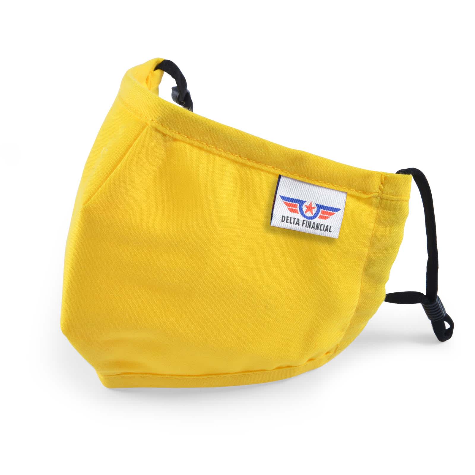 A Deluxe Children's Face Mask in bright yellow with adjustable ear straps and a small logo patch.