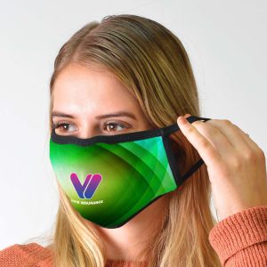 A cotton face mask featuring a gradient green design and the logo of Vivid Insurance prominently displayed on the front.