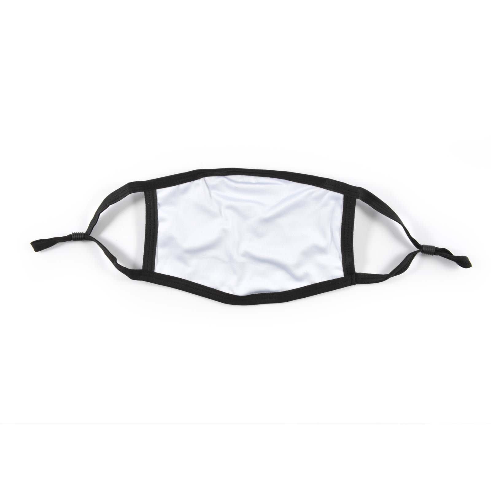 A cotton face mask with a white front and black edges.