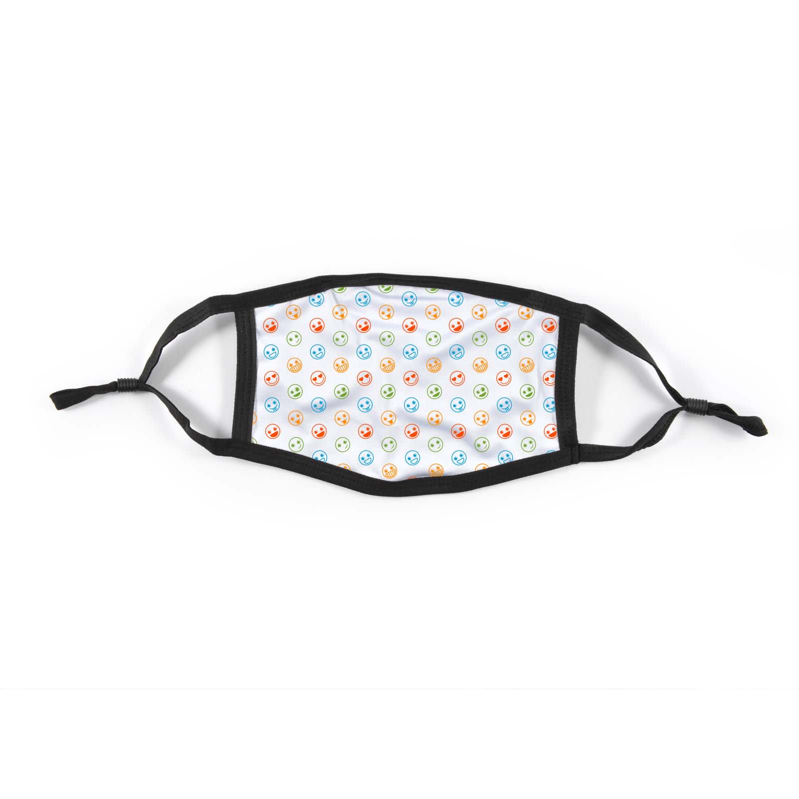 A cotton face mask featuring a colorful pattern of smiley faces on a light blue background, bordered by black straps.