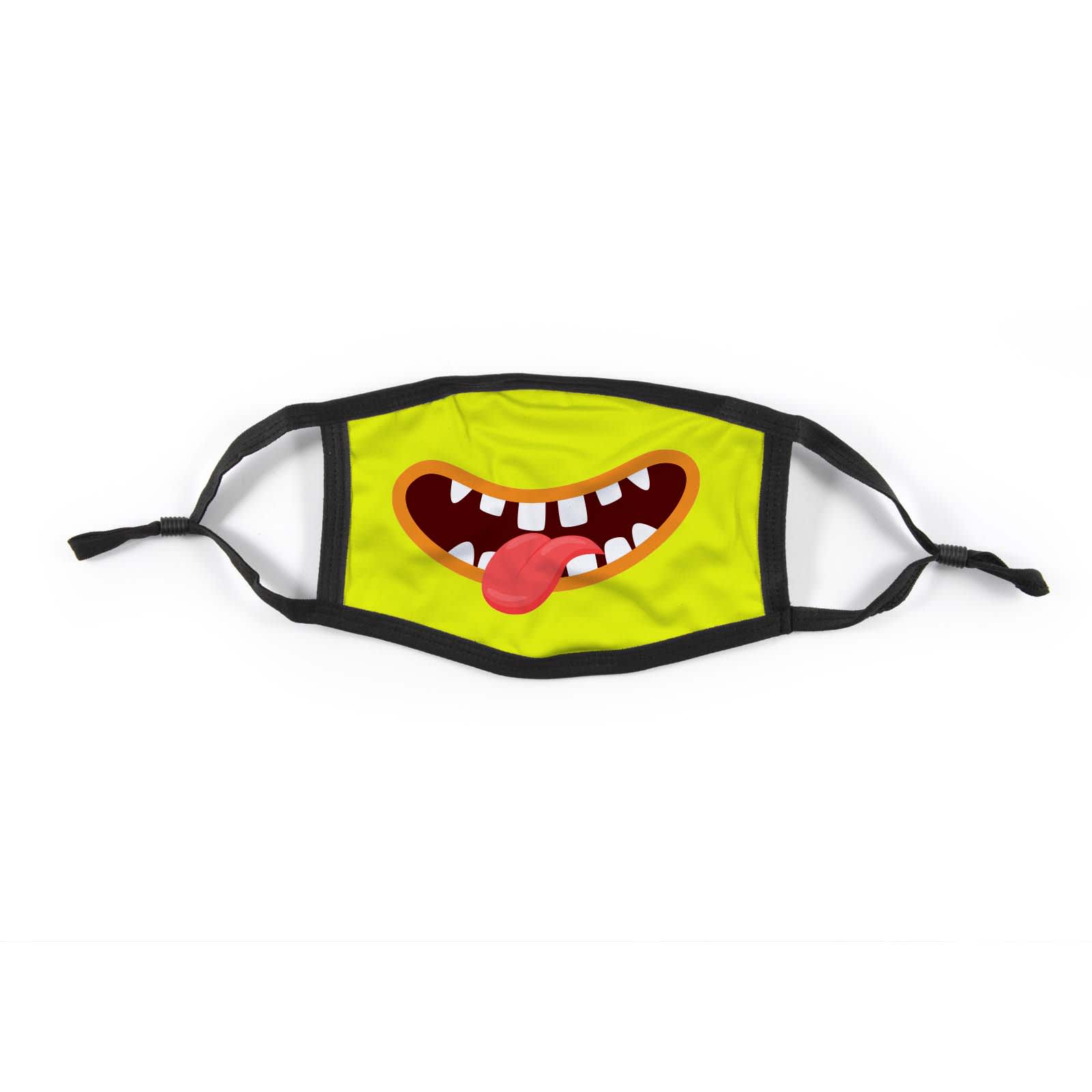 A colorful face mask featuring a playful design with a large mouth showing teeth and a tongue sticking out.
