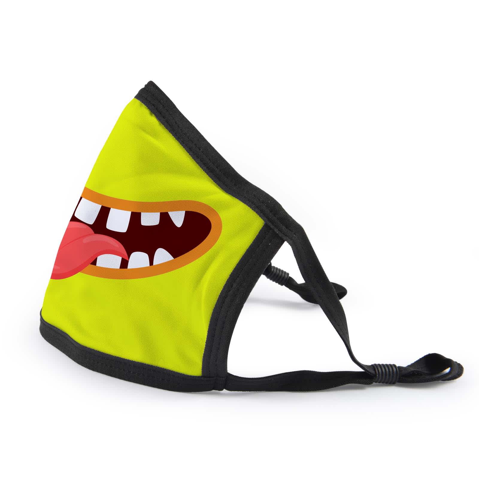 A yellow cotton face mask featuring a playful design with a mouth and tongue illustration, secured with black straps.