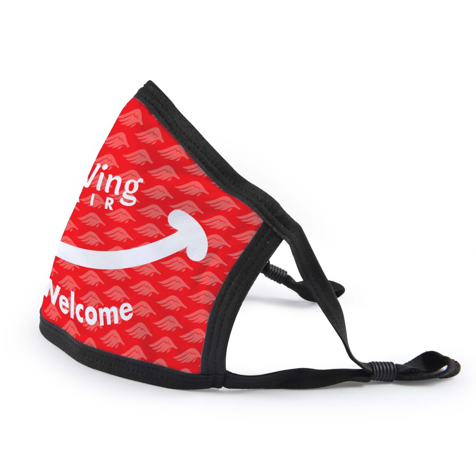 A Shield Cotton Face Mask in red, featuring a playful white design with the words 