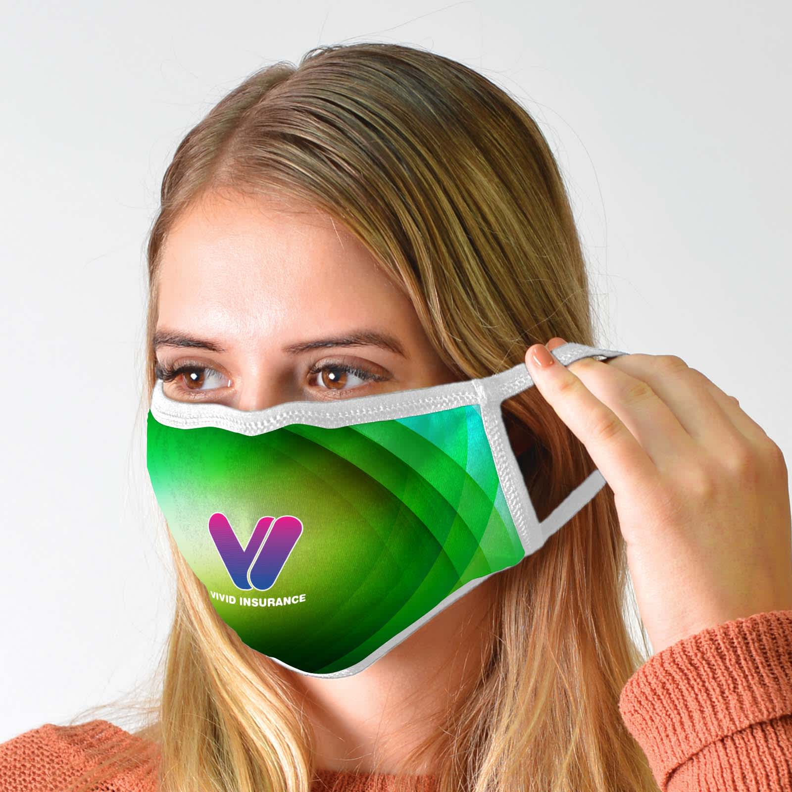 A cotton face mask featuring a gradient green design and a logo for Vivid Insurance.