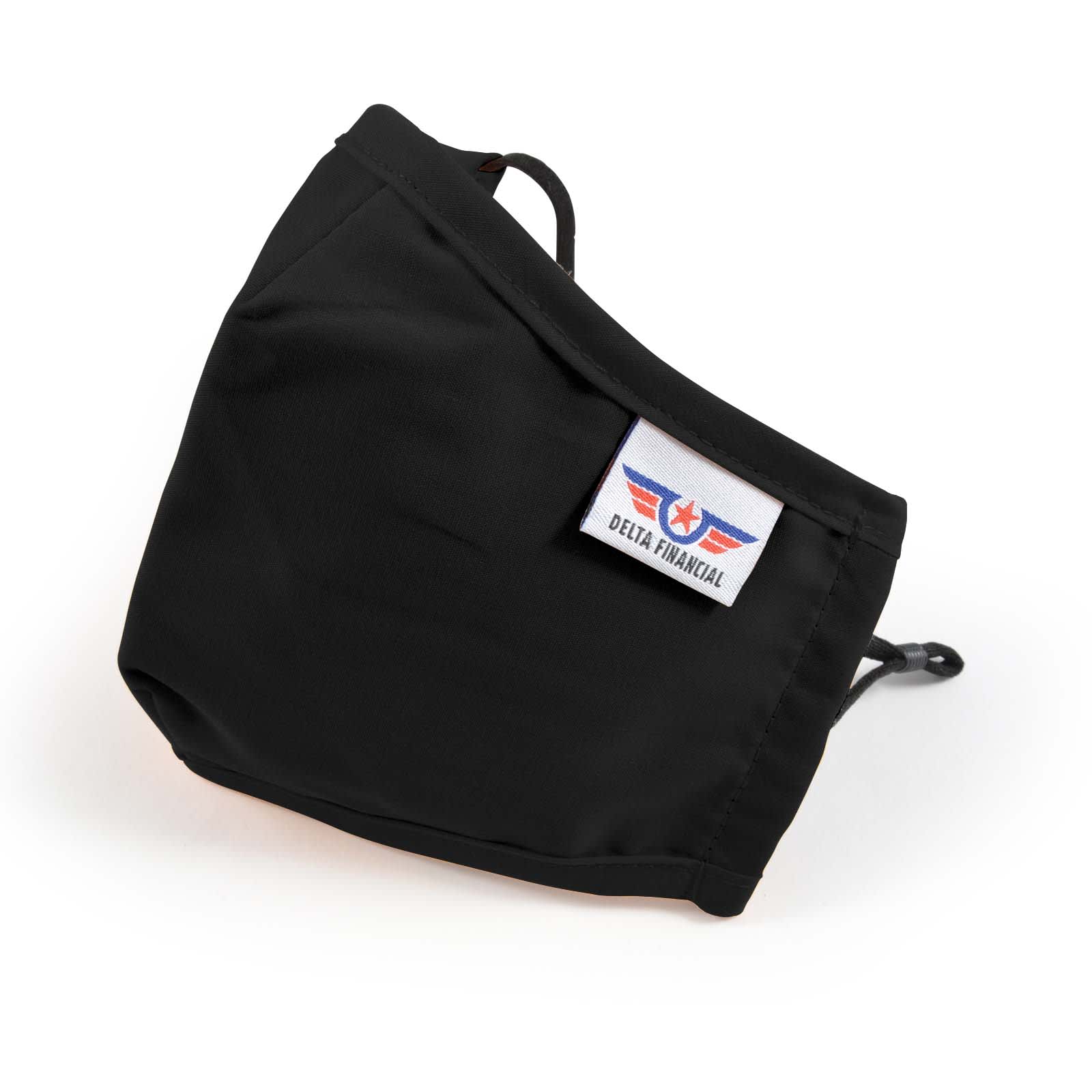 A Deluxe Adult Face Mask in black with an attached logo label.