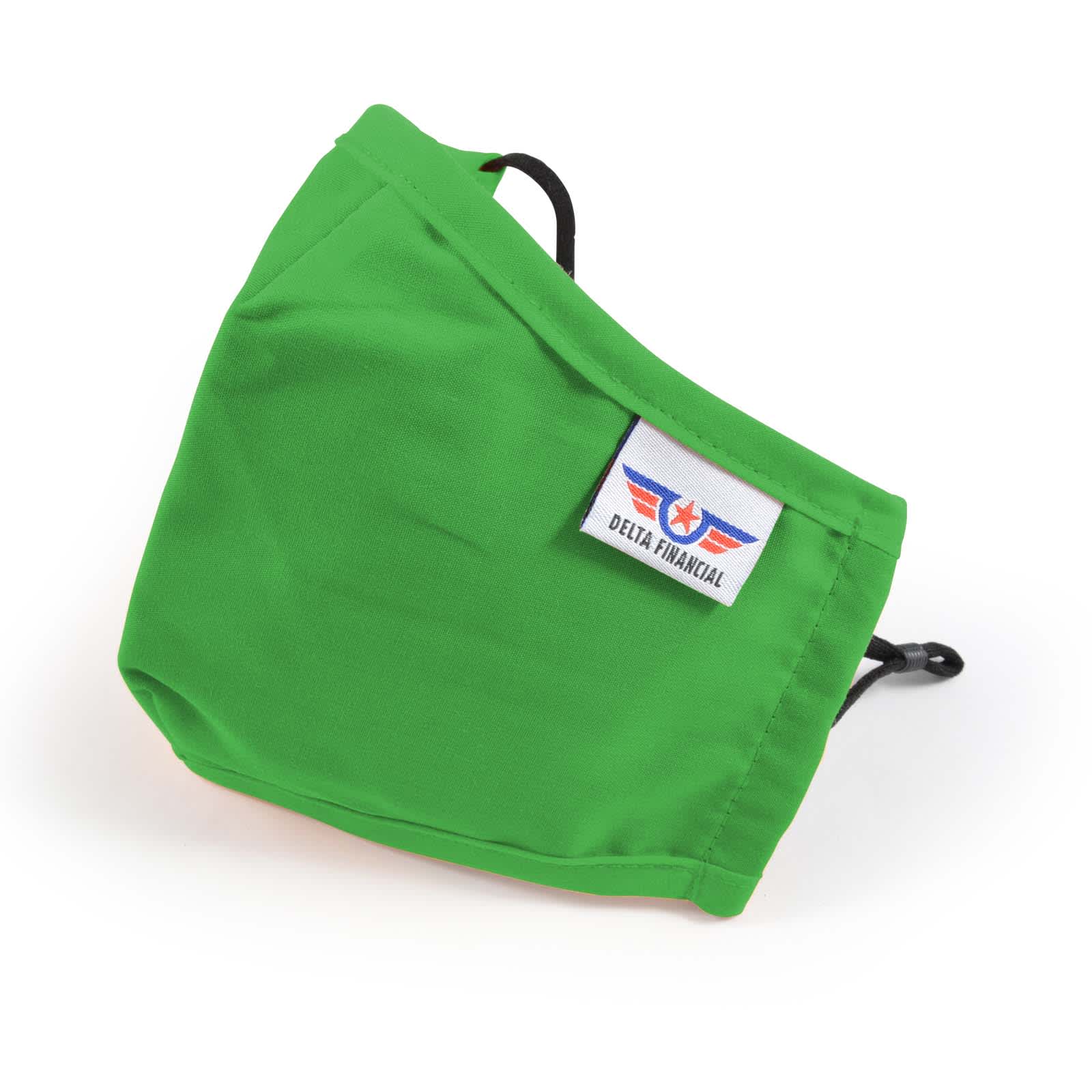 A green Deluxe Adult Face Mask with an adjustable ear loop and a logo tag.
