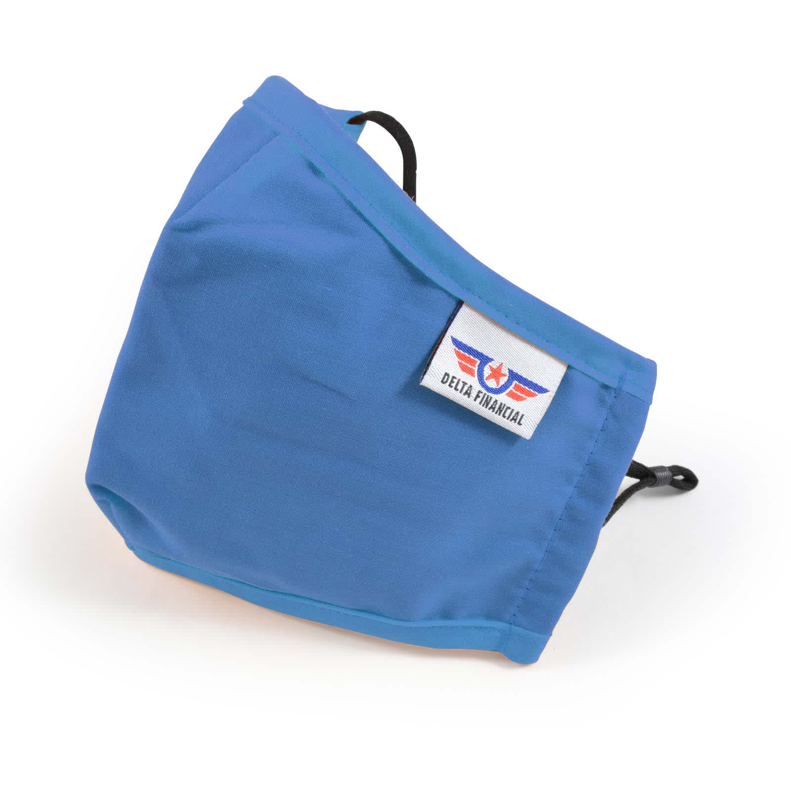 A Deluxe Adult Face Mask in blue with an adjustable ear strap and a logo patch.