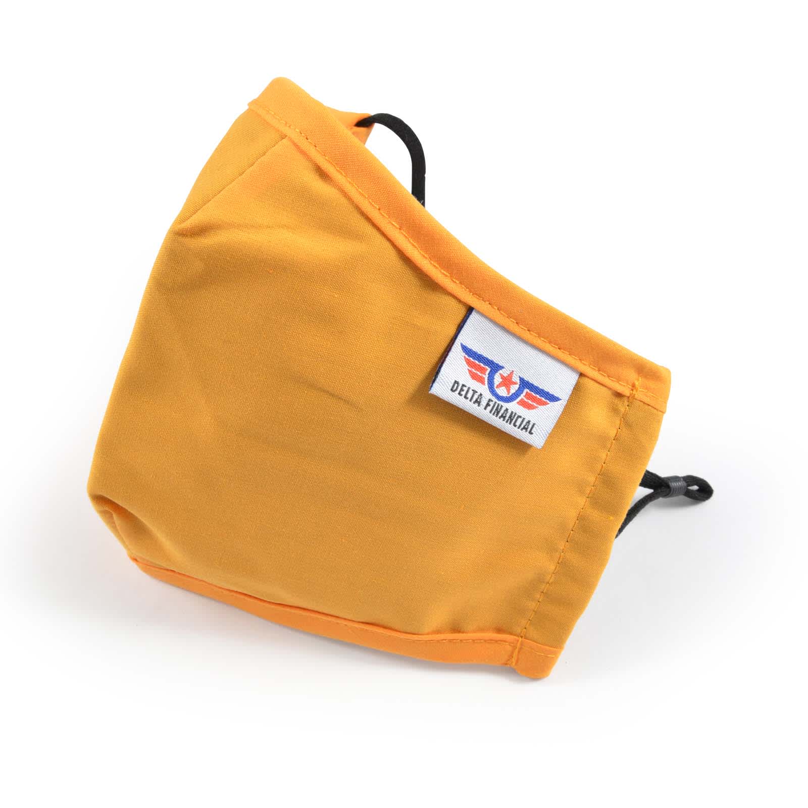 A Deluxe Adult Face Mask in a vibrant orange color with an adjustable fit and a branded logo patch.