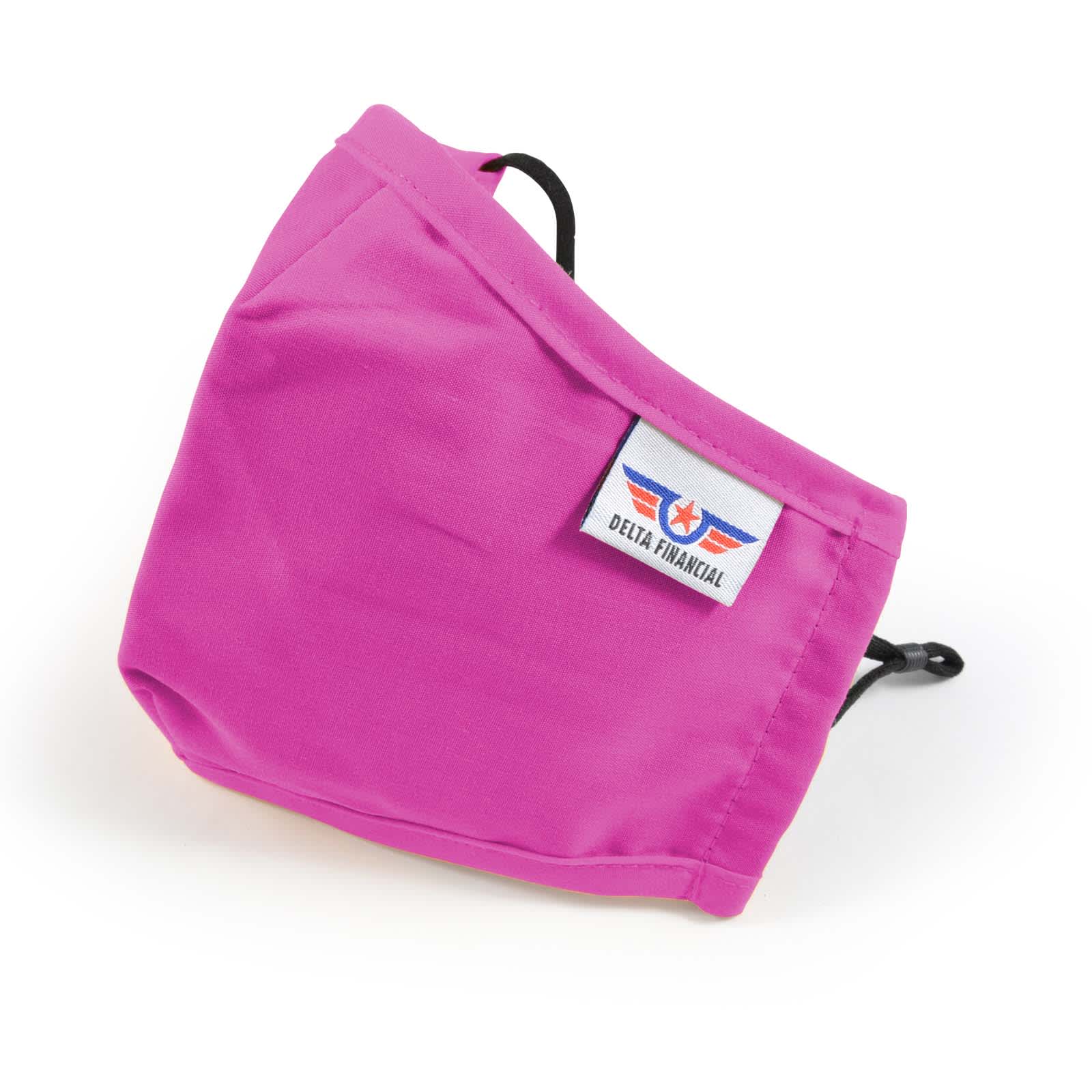 A deluxe adult face mask in bright pink with an adjustable earloop and a logo patch.