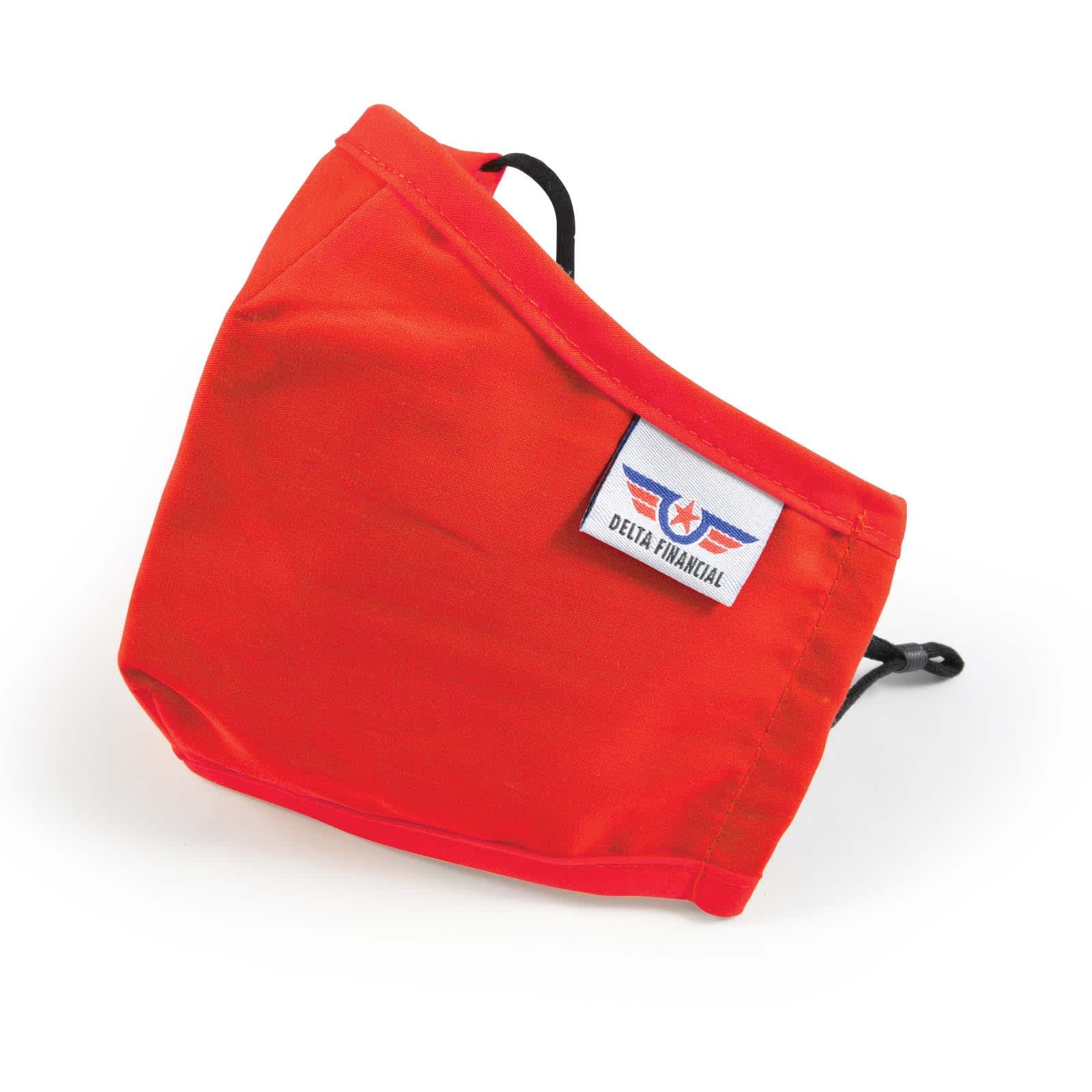 A Deluxe Adult Face Mask in bright red with adjustable ear straps and a logo patch from Delta Financial.