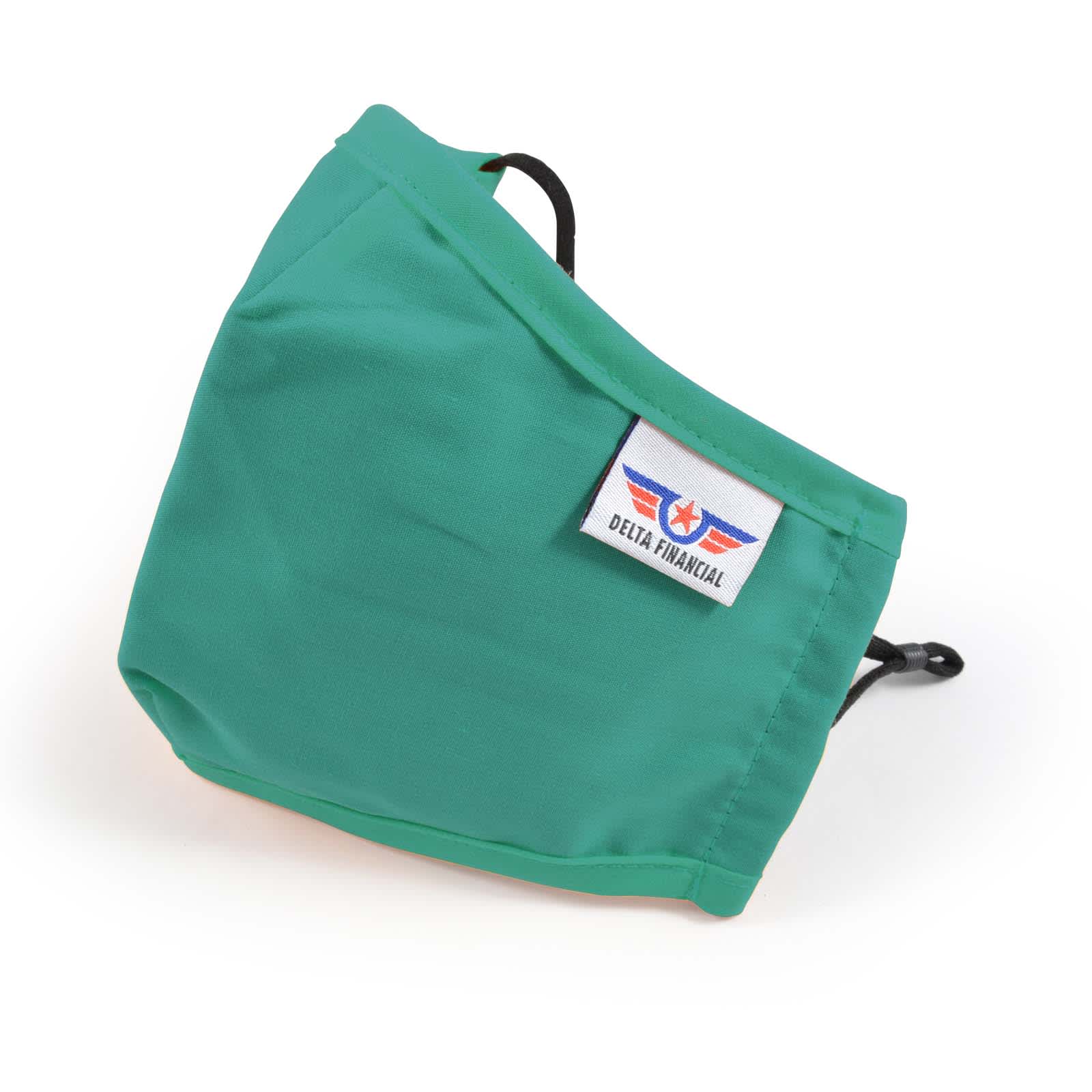 A green Deluxe Adult Face Mask featuring an adjustable ear loop and a logo tag labeled 