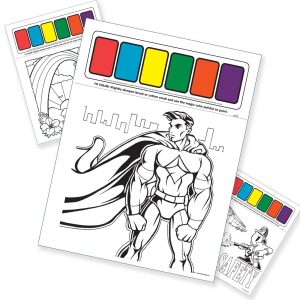 Coloring sheets featuring superhero and rainbow designs, along with a palette of bright paint colors.