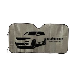 A concertina metallic car sun shade featuring a silhouette of an SUV and the text "autocar WE BUY AND SELL CARS."