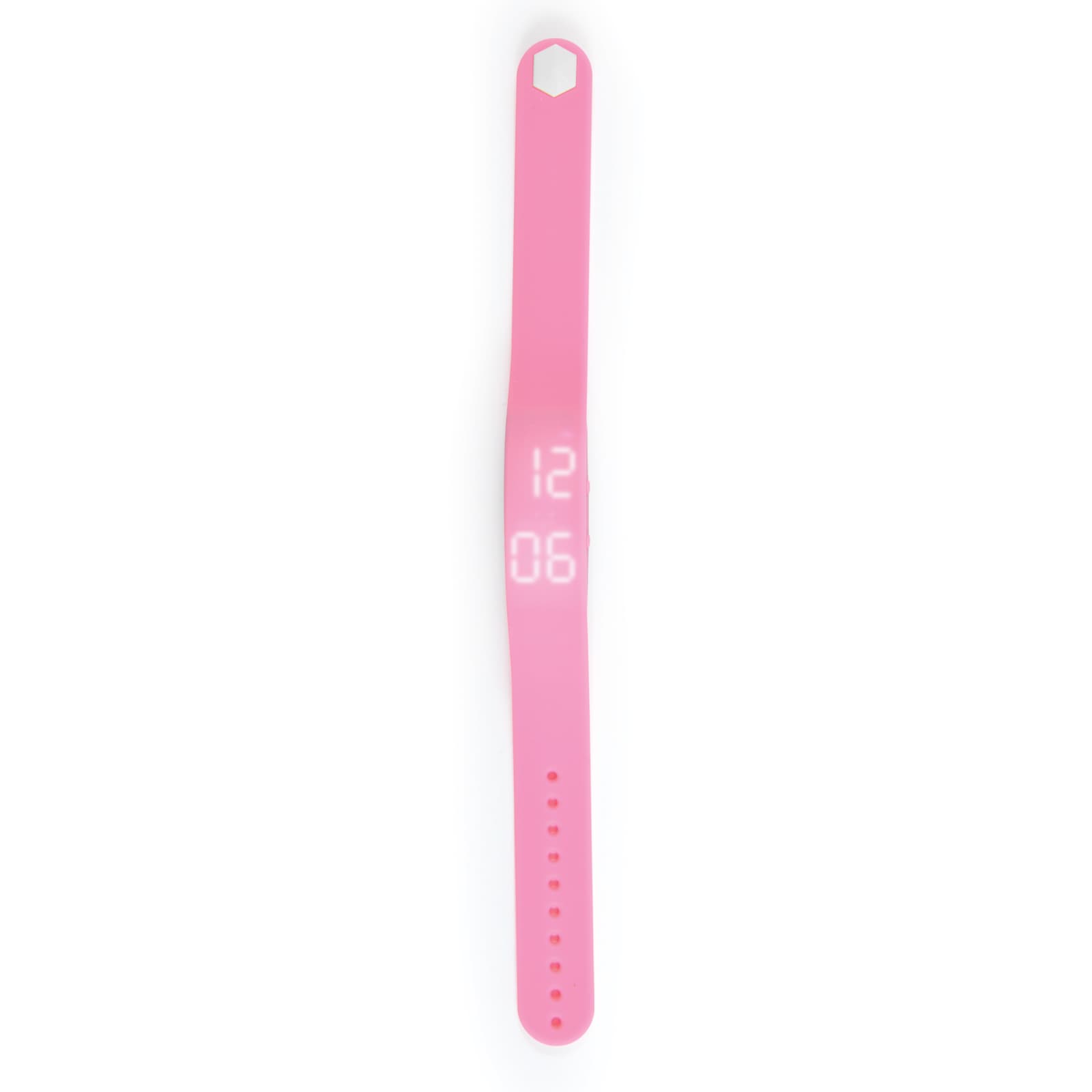 A pink pedometer bracelet featuring a digital display with time indicators and adjustable strap holes.