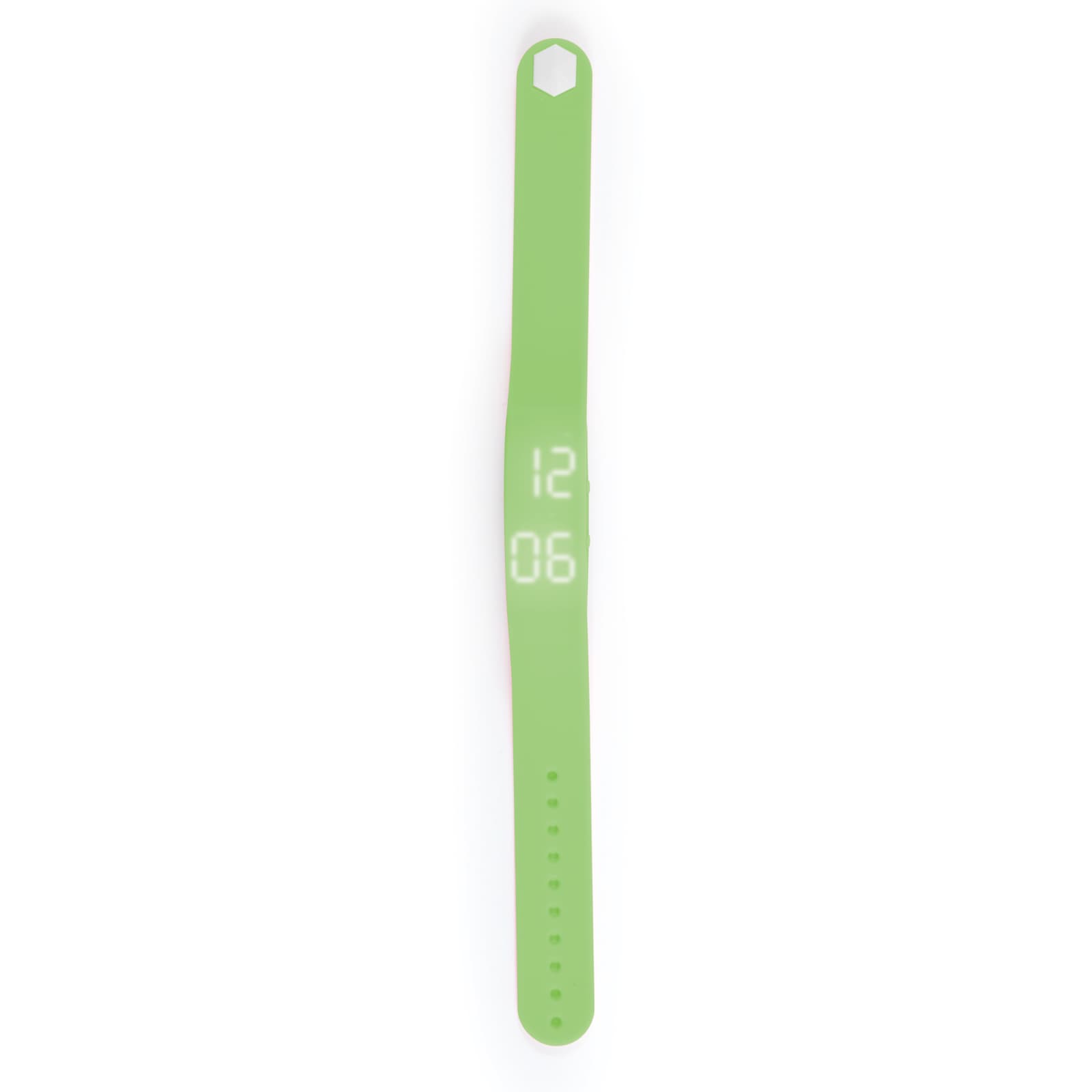 A green pedometer bracelet with a digital display for tracking steps and time, featuring a simple design.