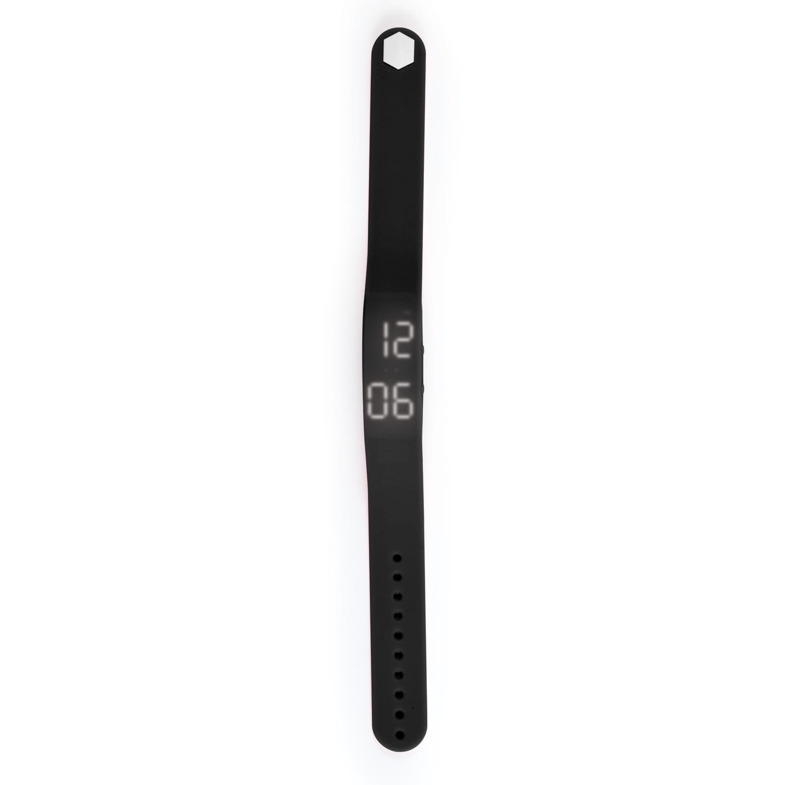 A Stride Pedometer Bracelet 2.0 displayed in a sleek black design with a digital clock feature.