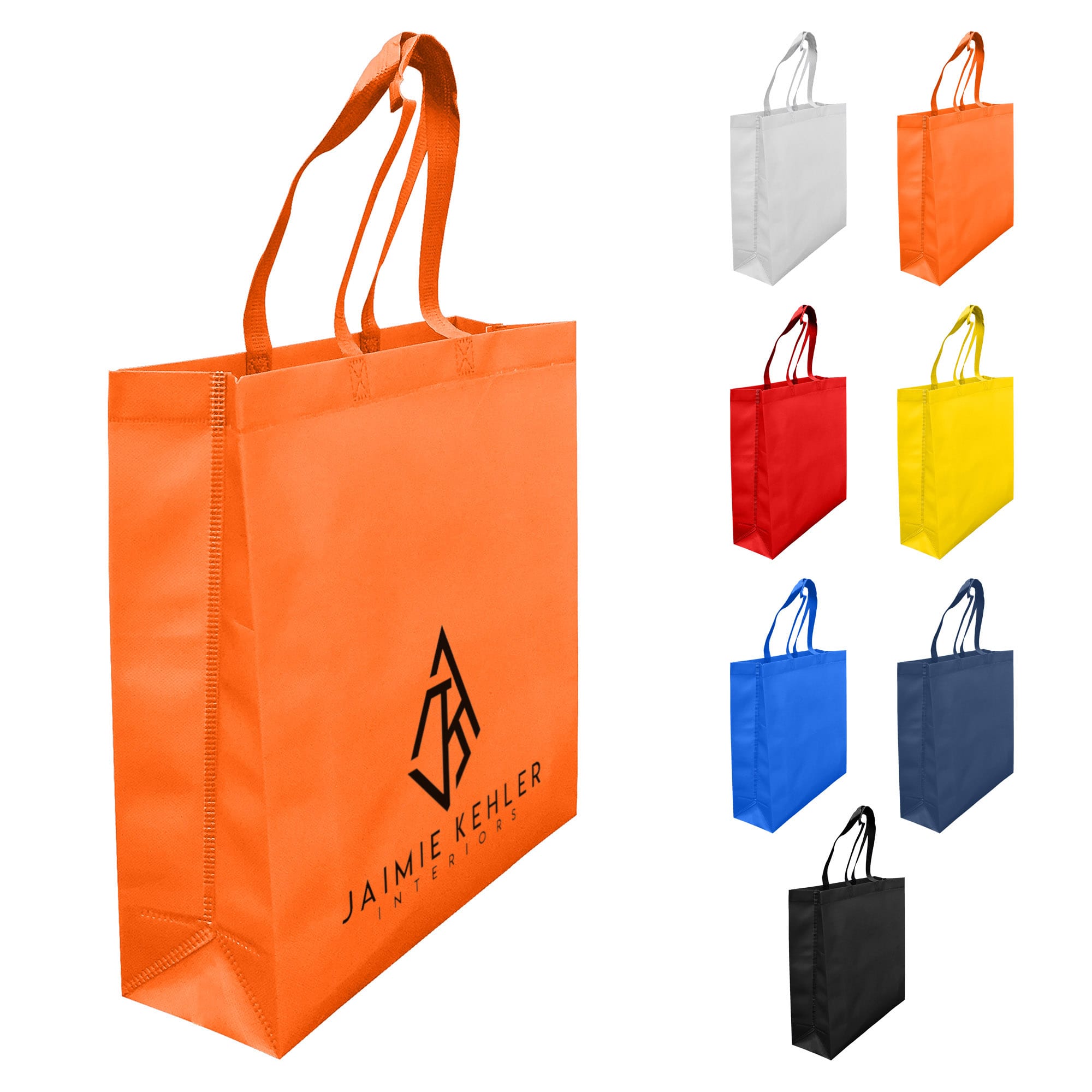 An orange laminated non-woven tote bag with a large gusset and two handles, featuring a logo on the side.