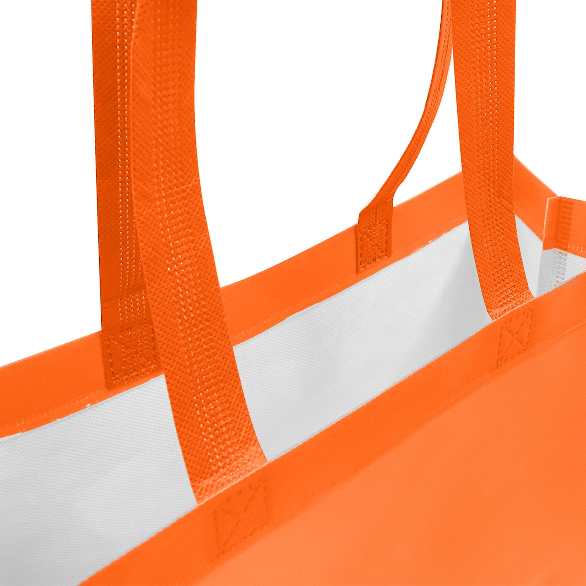 An orange laminated non-woven tote bag with large gusset and sturdy handles. Features a white interior and logo.