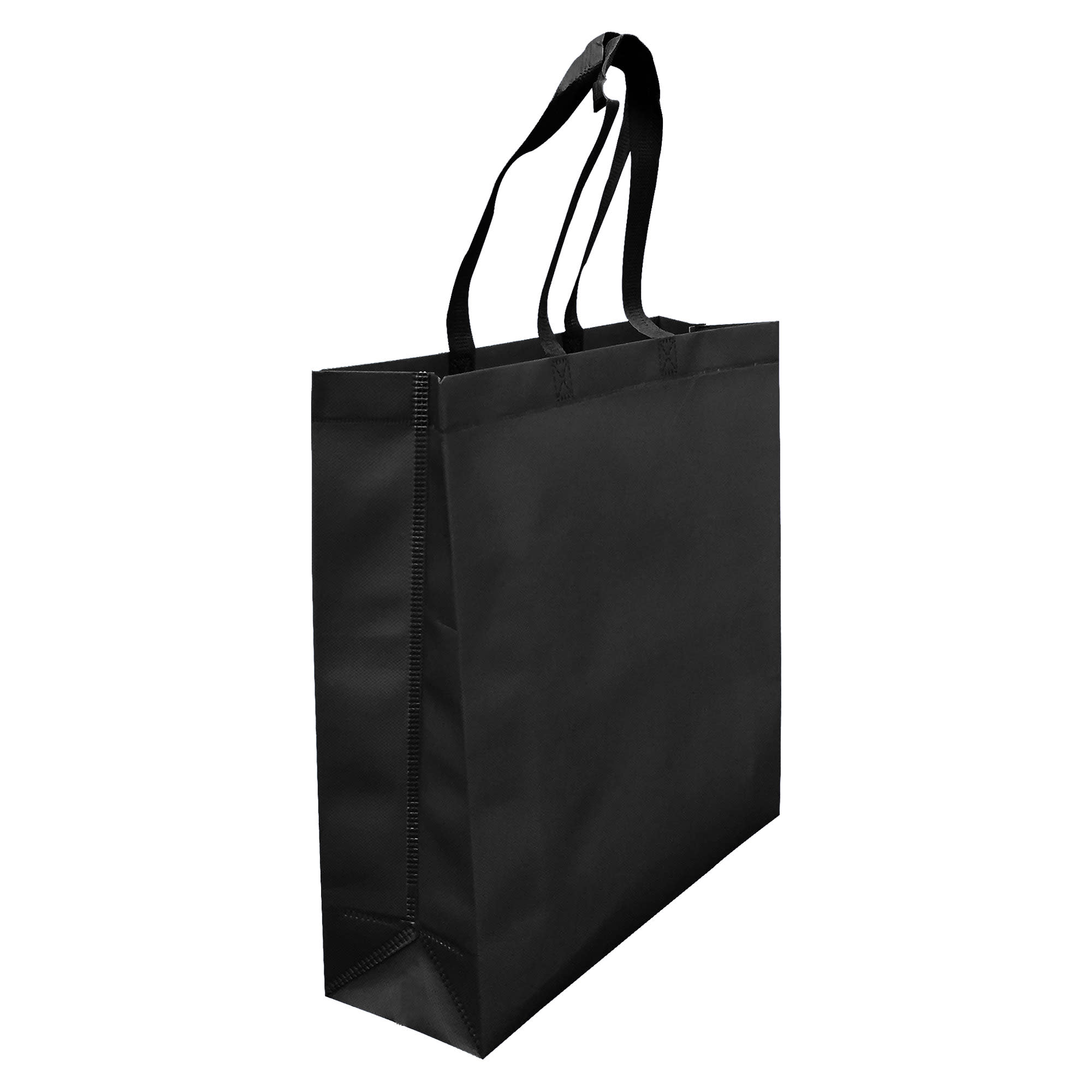 A black laminated non-woven tote bag with a large gusset and double handles, featuring a logo.