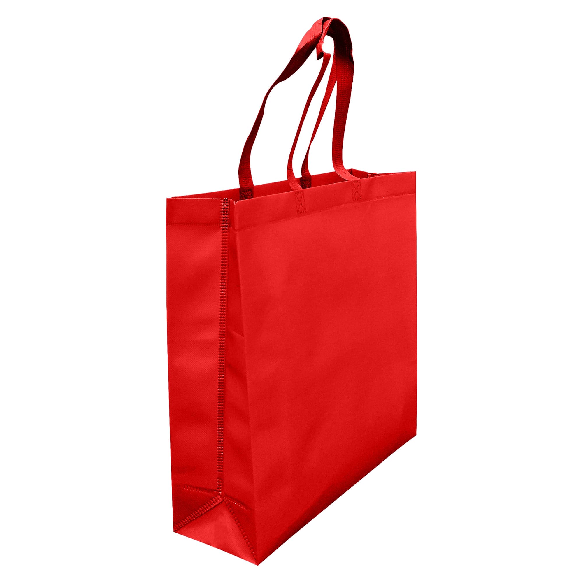 A red laminated non-woven tote bag with a large gusset and sturdy handles, featuring a logo.