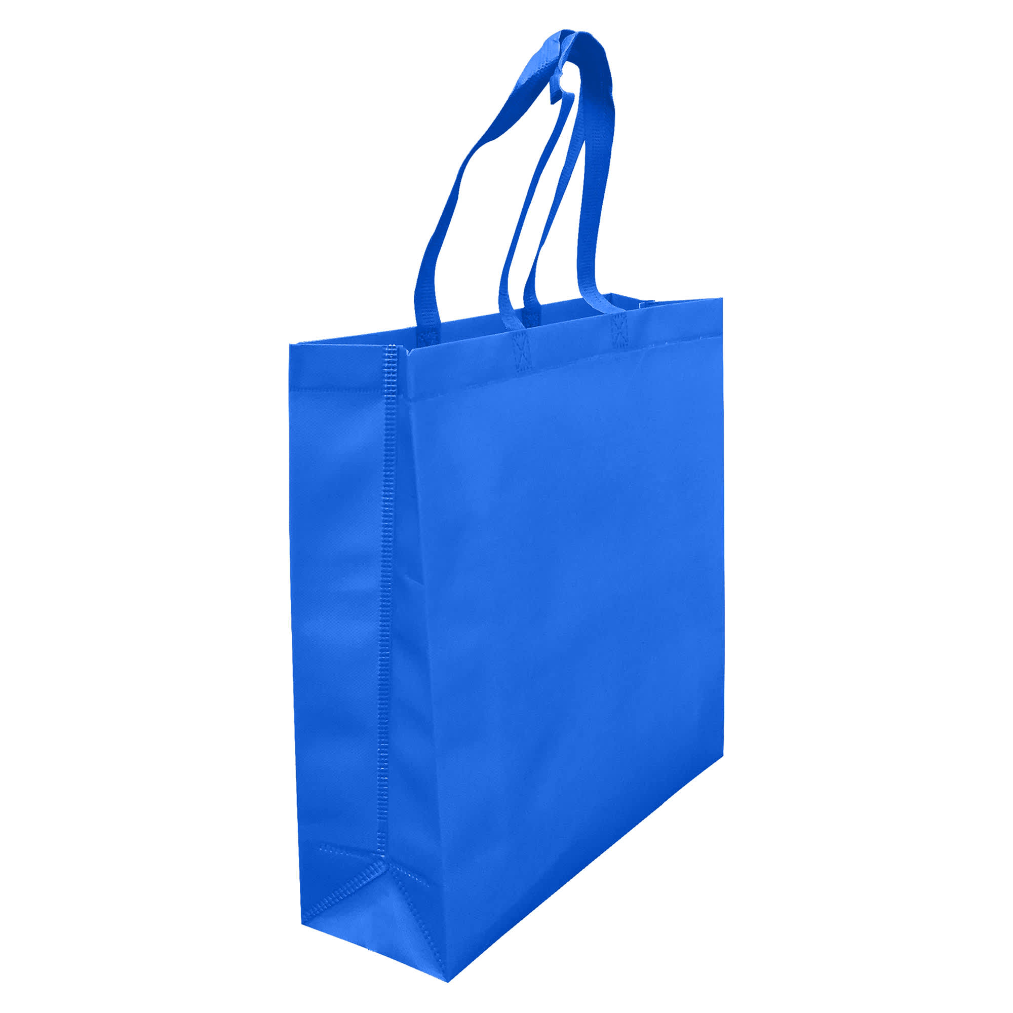 A blue laminated non-woven tote bag with large gusset and handles, featuring branding on the side.